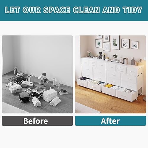 Miniatura 7 de LUMTOK 10-Drawer Dresser, Fabric Storage Dressers Drawers for Bedroom, Hallway, Nursery, Closets, Steel Frame, Wood Top, Easy Pull Handle (White)