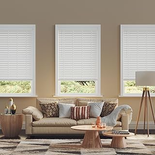 2.5 Inch Cordless Faux Wood Blind, 34.5" W x 60" L - White Plantation Style Venetian Blinds, Over 400 Custom Sizes Starting at 29.97, Room Darkening Shades for Interior Windows by Lumino