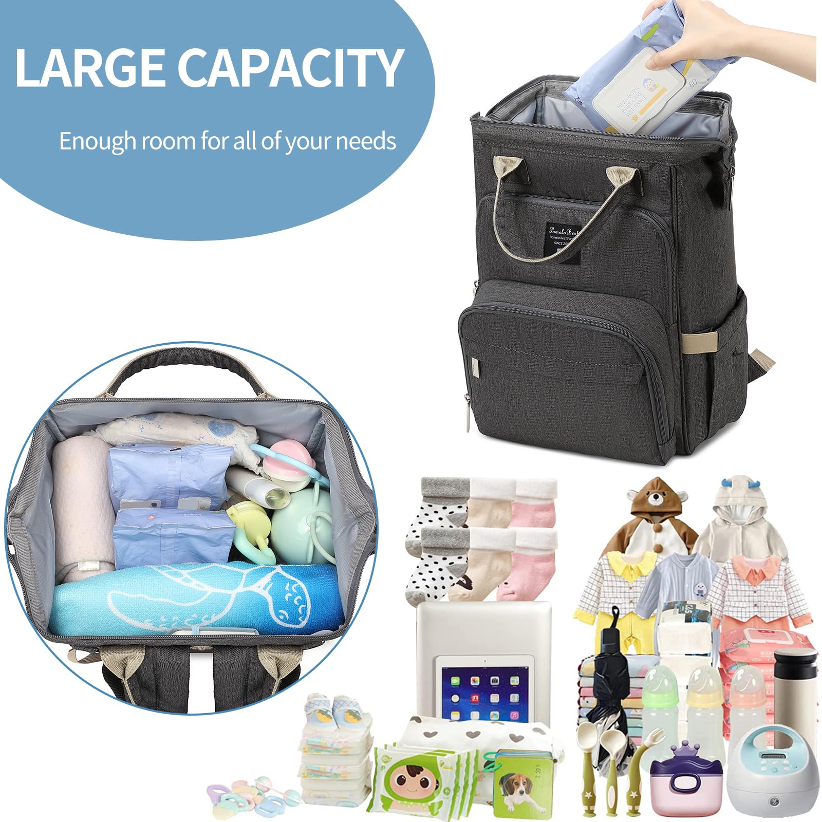 Pomelo Best Zaino Fasciatoio per Bambini, Elegante, con Fasciatoio Multifunzionale, Impermeabile, Grande Capacità, per Viaggi, Colore Grigio Scuro, Nuova versione