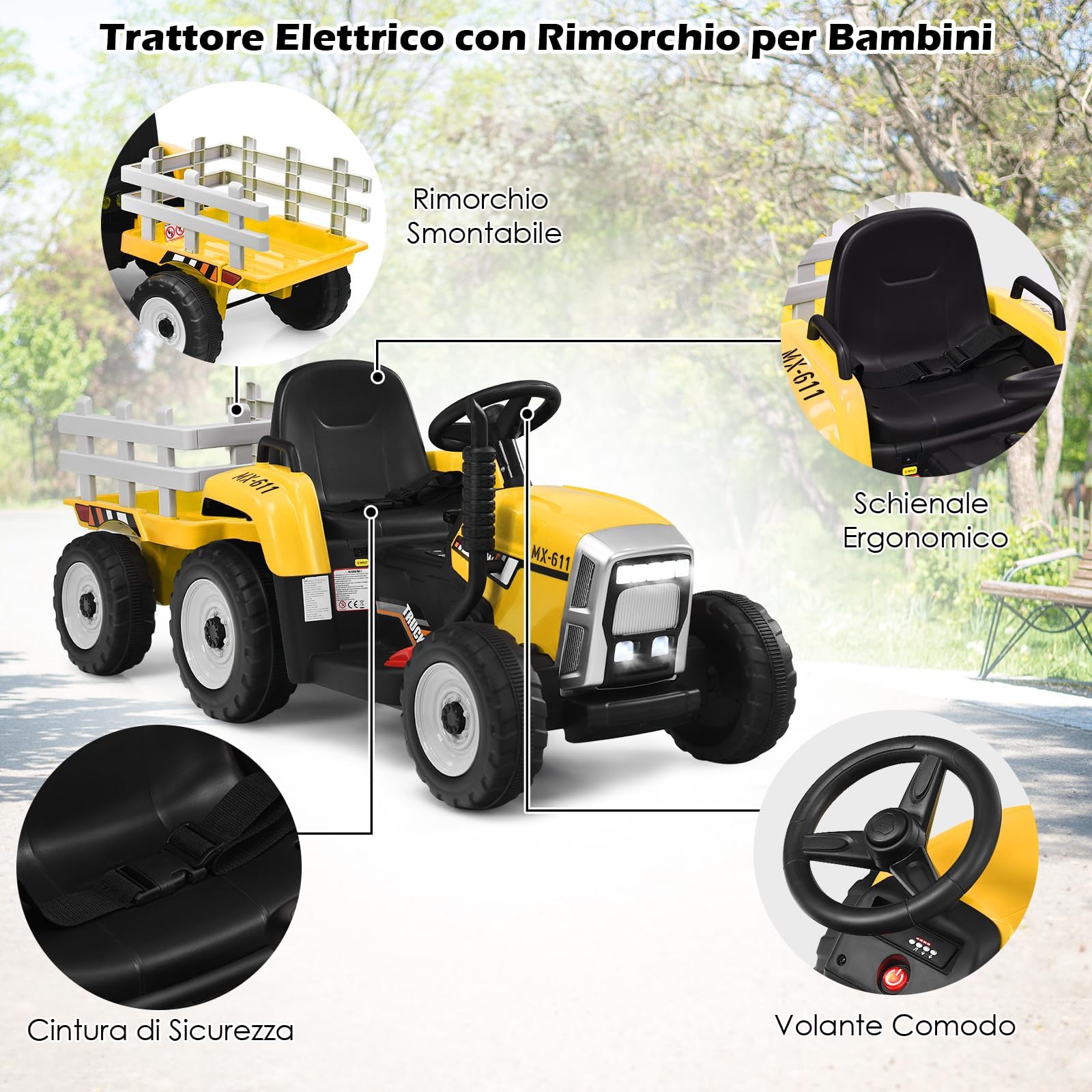 RELAX4LIFE Trattore Elettrico per Bambini 12V con Rimorchio Rimovibile, Telecomandato, 3 Velocità, Luce, Suoni, Musica, Clacson, USB,Portata 30 KG, 3 Anni+ (GIALLO)