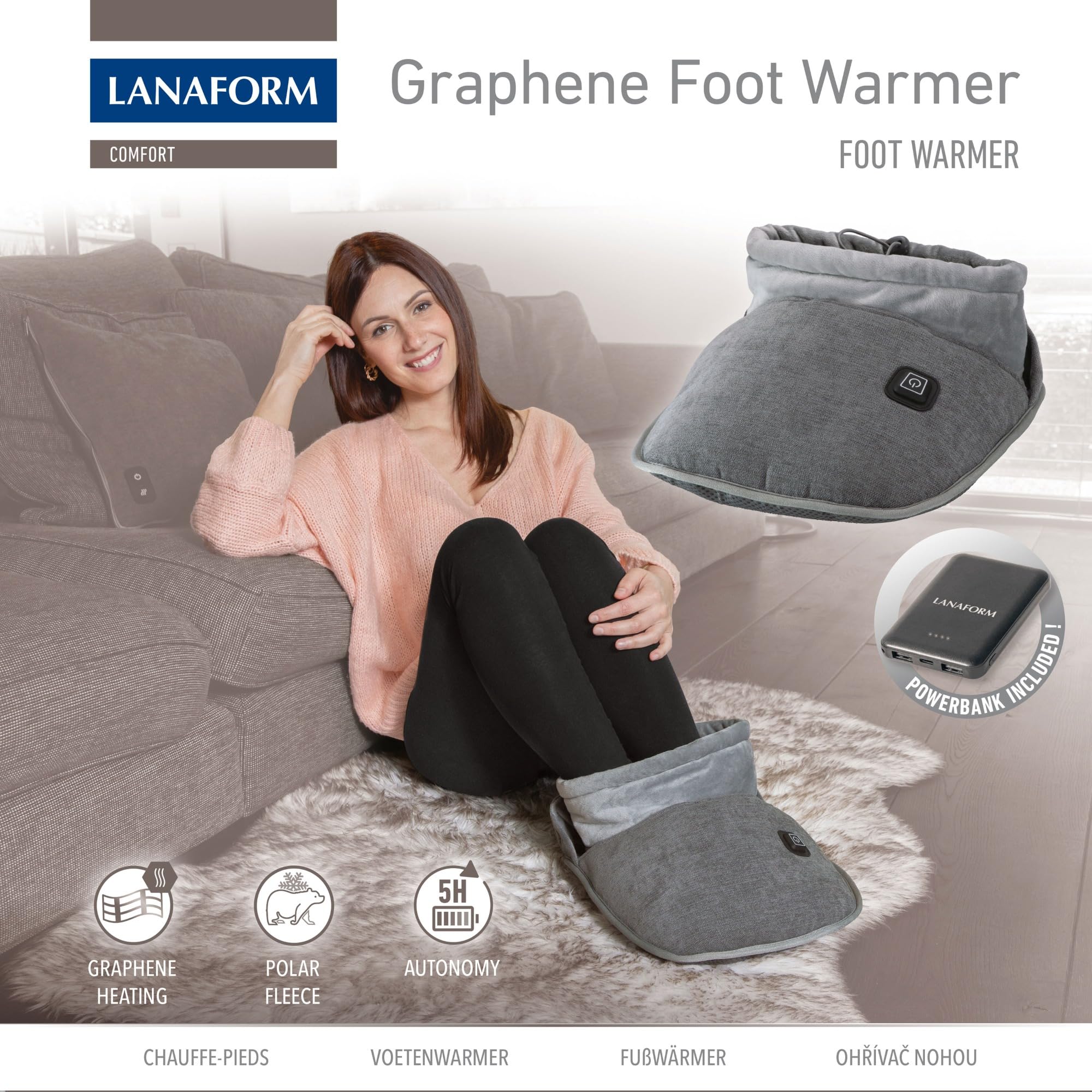 LANAFORM - Graphene Foot Warmer - Chauffe-pieds Électrique Sans Fil - Chausson Chauffant Graphène - Chaleur Jambes Hiver Bureau - Batterie Portable 5000mAh - Polaire Ultra Douce - 3 Intensités
