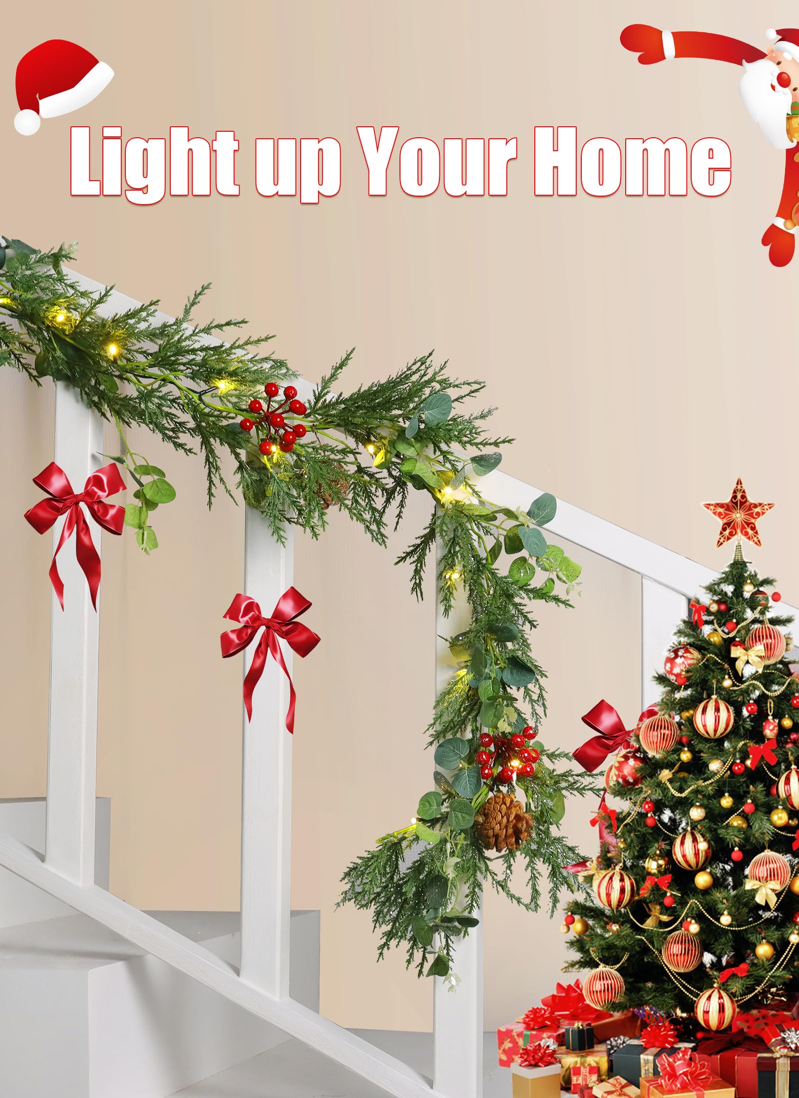 Brightown Guirnalda de Navidad con luces, luces LED de Navidad de 6 pies que funcionan con pilas con conos de pino, bayas, hojas de eucalipto, decoraciones de Navidad interiores para escaleras, puerta