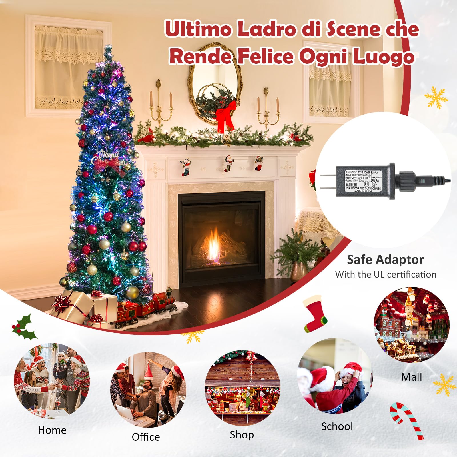 COSTWAY Albero di Natale Artificiale con Fibra Ottica 150/180 CM, Albero di Natale Slim Preluminato con 361/517 Rametti, Base in Metallo Pieghevole, Ideale per Casa, Ufficio e Feste (180 cm)