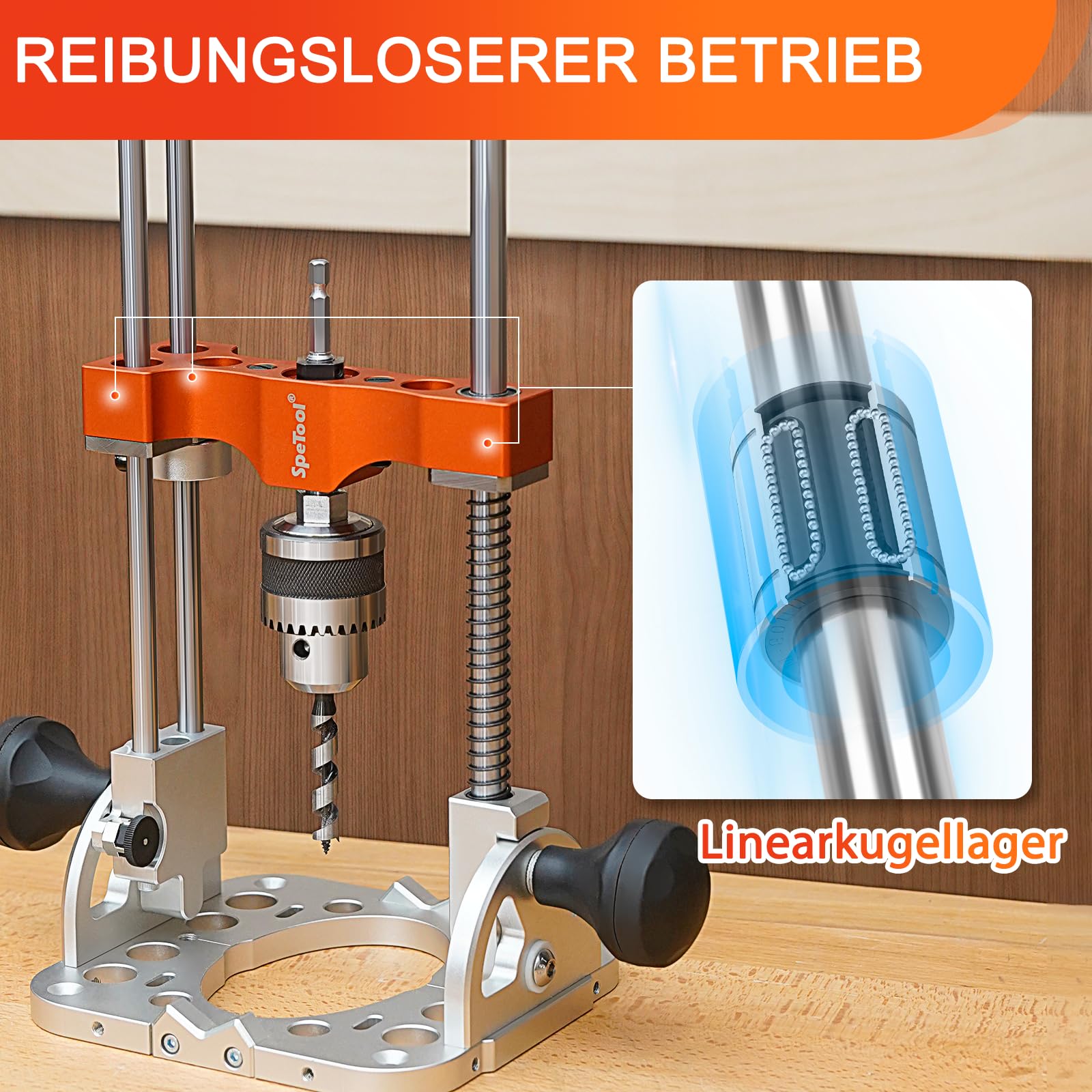 SpeTool Soporte de taladro para destornillador con rodamientos de bolas, barras guía, portabrocas de 1/2 pulgadas, soporte ajustable de 0 a 60°, soporte móvil para taladros rectos, trabajo de madera