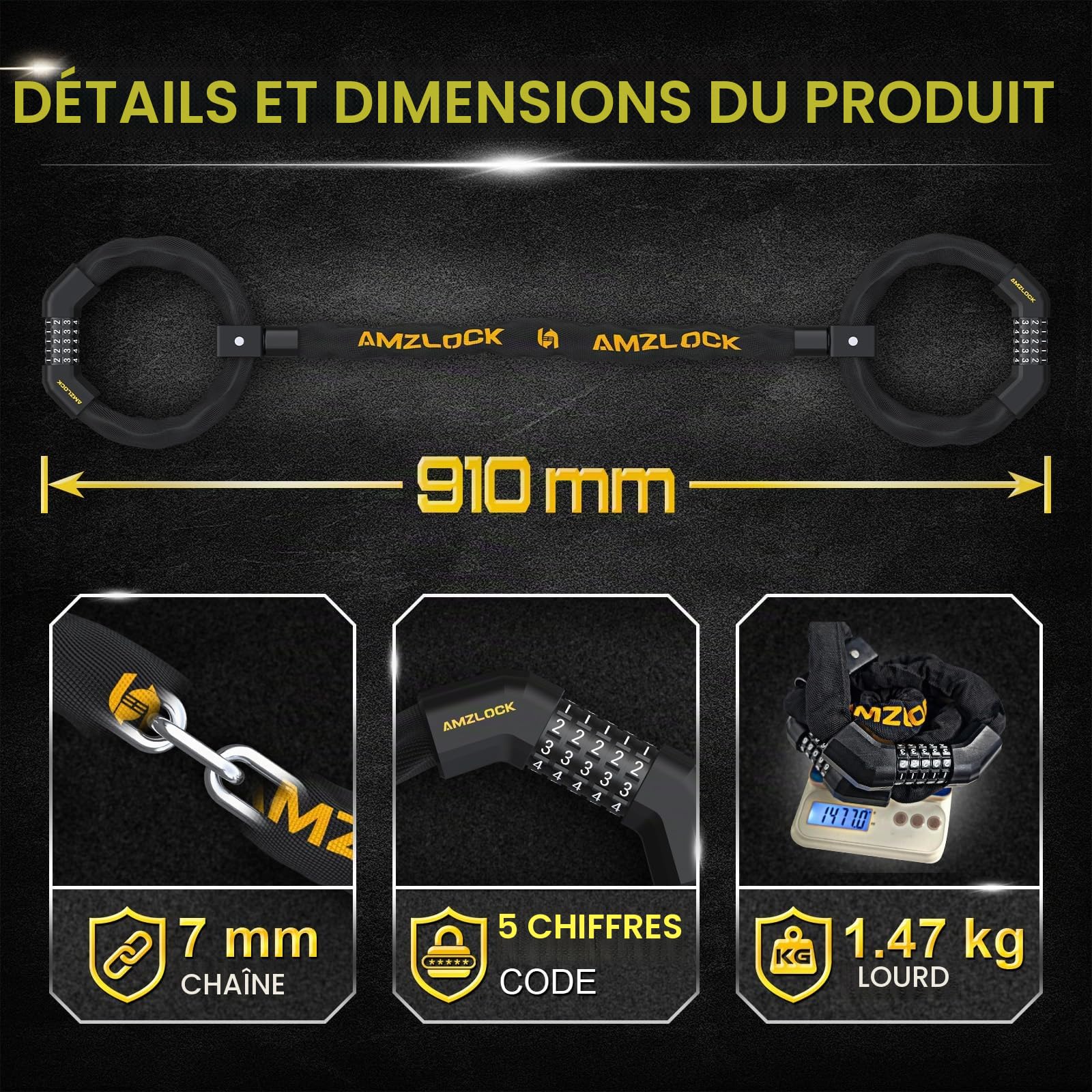 Cadenas Trottinette Electrique, Antivol Velo avec Sacoche 3 L | Cadenas à Combinaison 5 Chiffres, Antivol Trottinette Électrique avec Chaîne de 7mm/91cm et Deux Serrures pour Vélos et Motos