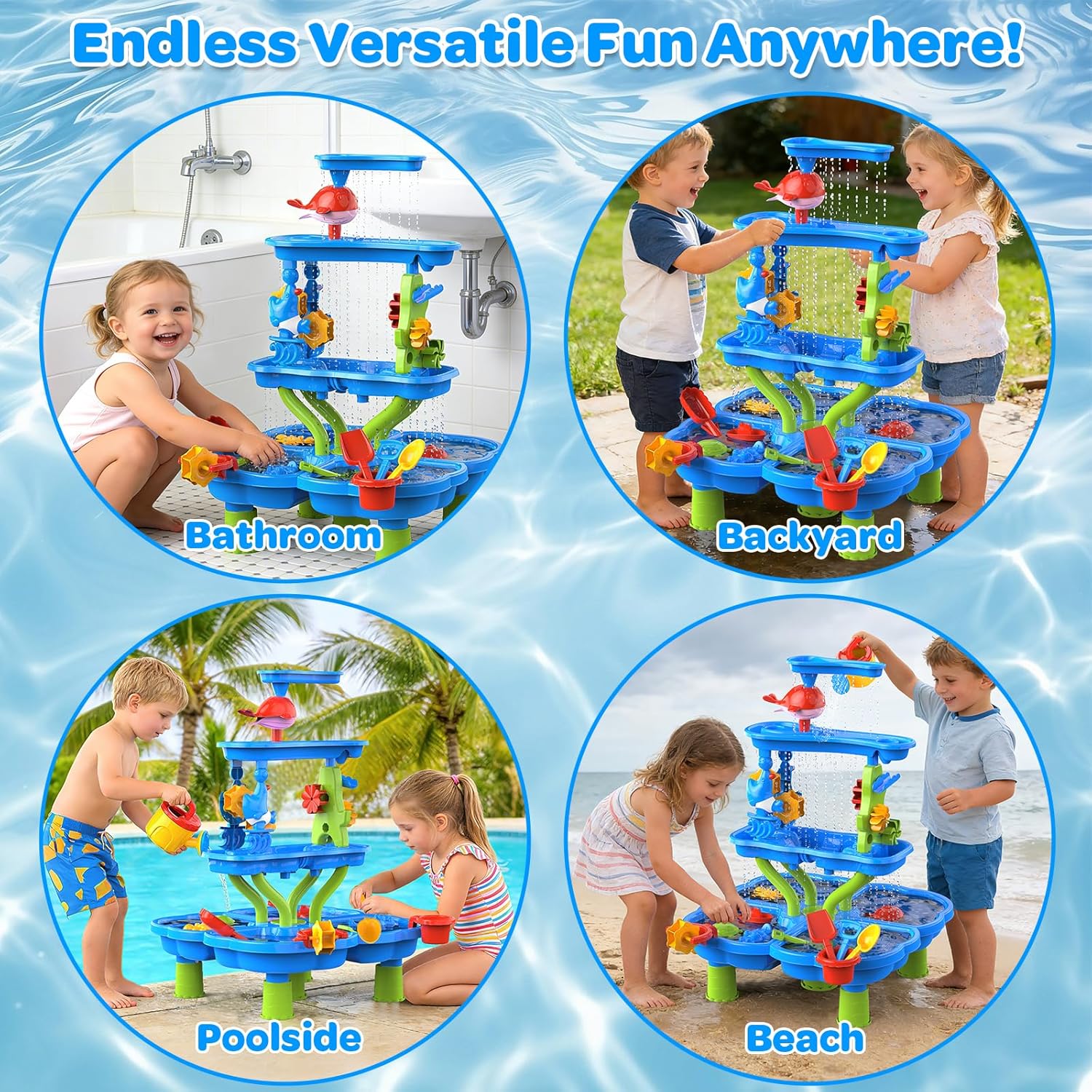 Water Sand Table for Toddler Kids - 4-Tier Multifunctional Summer Toys,Outdoor Backyard Beach Playset with Stable Design,Sensory Learning Activity Game Gift for Boys Girls(Ocean Blue)