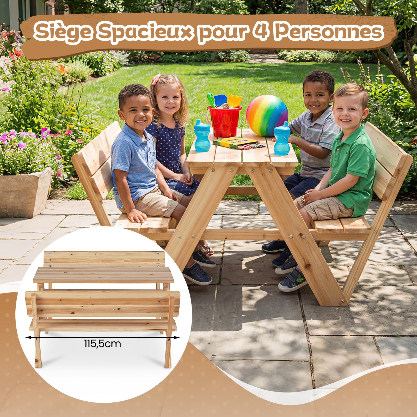 DREAMADE Table de Pique-Nique Enfants, Table Extérieure en Bois avec Bancs Intégrés et Dossiers pour 4, Ensemble Multi-activités Table et Chaises pour Patio, Jardin, Arrière-Cour, 3+ Ans