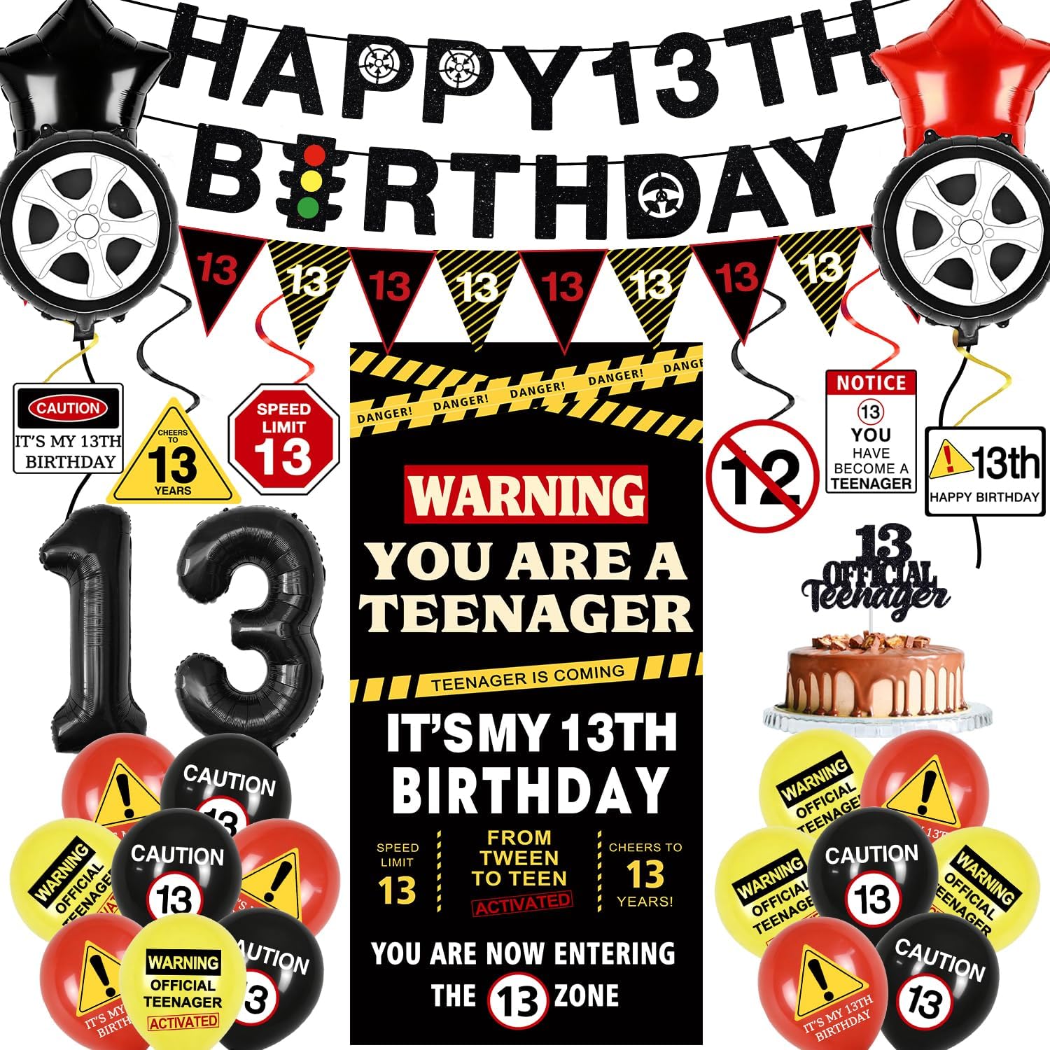 16th Birthday Decorations for Boys Girls, Caution Logo 16 Year Old Decor | Happy 16th Birthday Decorations, 16th Birthday Party Supplies, Complete Set with Backdrop, Banner, Balloons, Topper