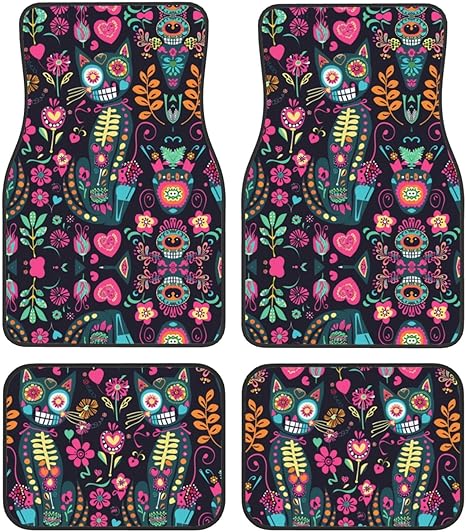 Sugar Skull Cats car mats 4 Piece car Floor mats Non Slip car Foot mat Automotive Floor mats Universal car Interior Protection Accessories fit for car SUV Truck Sedan