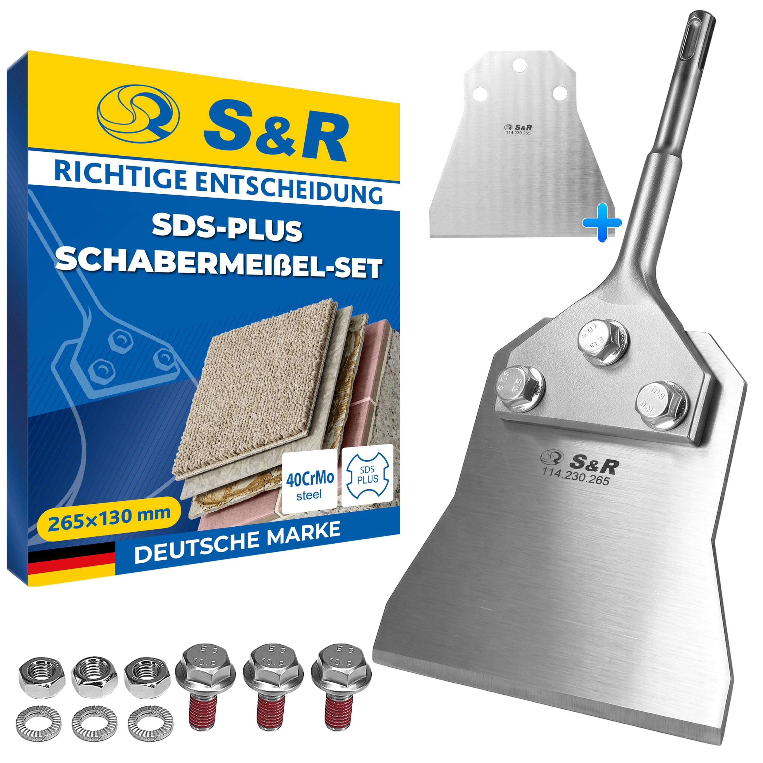 S&R Professional SDS-plus Spachtelmeißel 265x130 mm, Bodenschaber Meißel | Fliesenkleber entfernen, Teppich & PVC | Set mit Ersatzklinge | Elektroschaber für SDS-plus Bohrhammer | 40CrMo, 65Mn Stahl