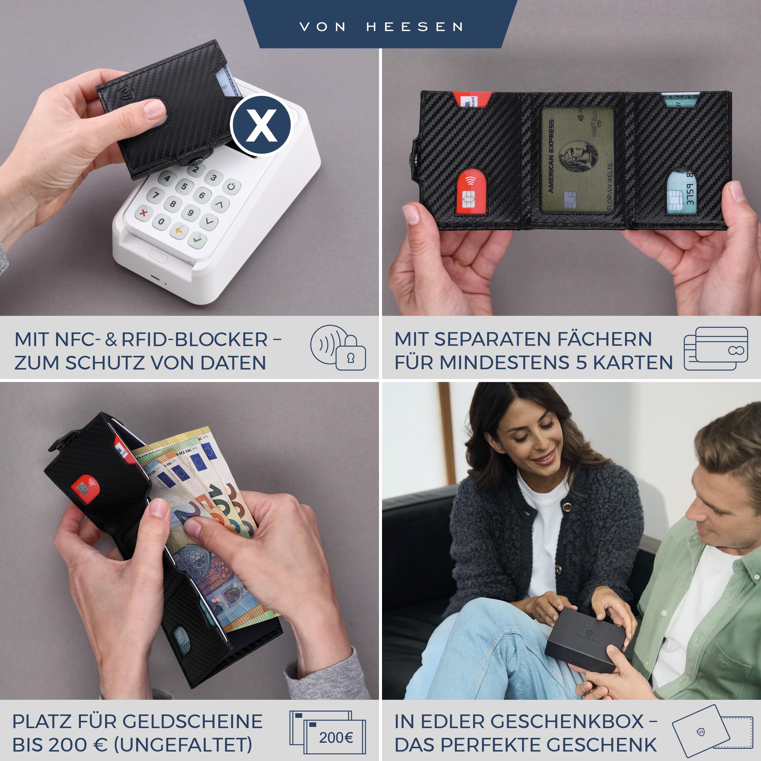 VON HEESEN Slim Wallet mit Münzfach & RFID Schutz - Geldbörse Herren & Damen - Kartenetui Kreditkartenetui - Mini Portmonee Geldbeutel Portemonnaie klein Carbon-Schwarz