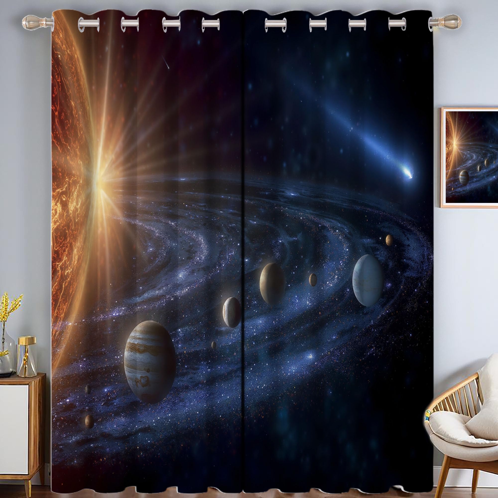 Rideaux occultants espace 3D 140x240cm x2 bleu foncé pour chambre enfant