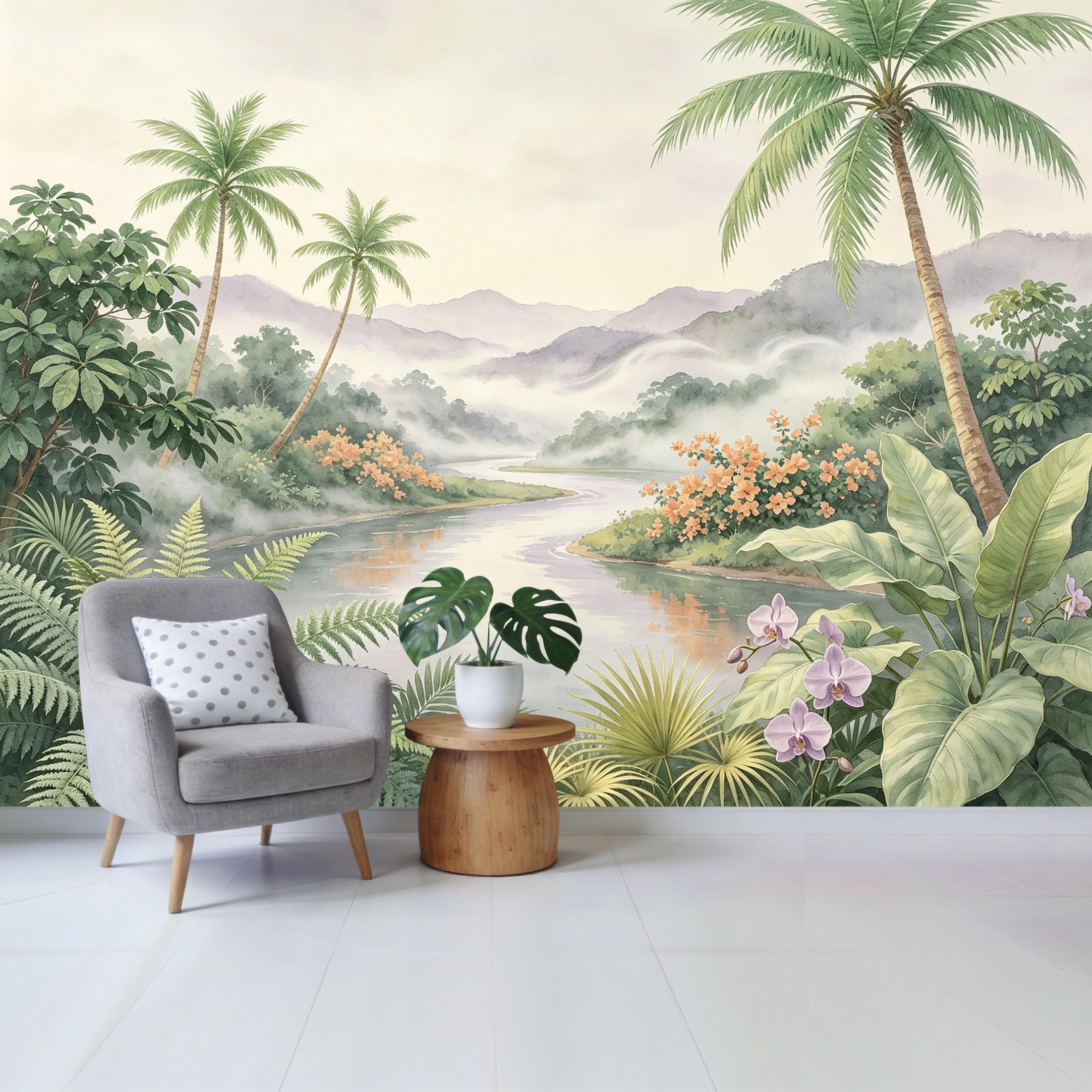 Custom Size Wall Mural Tropical Rainforest River Landscape Watercolor Botanical Style Removable Self Adhesive Fabric，Home Wall Decor for Living Room Bedroom Bathroom