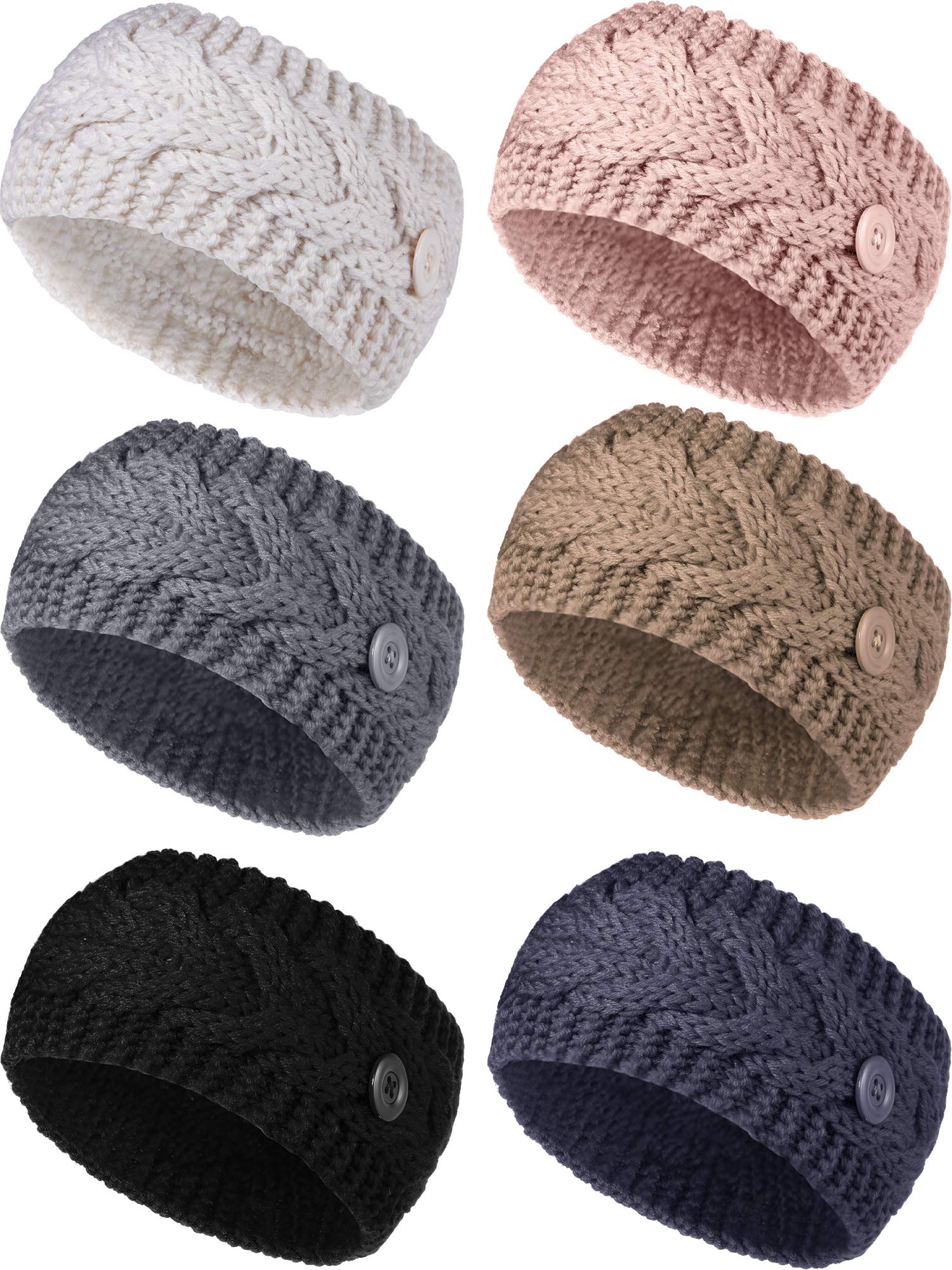 Photo 1 of 2 PACK 6 Pieces Knitted Headbands with Button Winter Warm Chunky Ear Warmers Stretchy Hairband Crochet Head Wraps Twisted Cute Hair Accessories for Women Girls (Classic Colors)