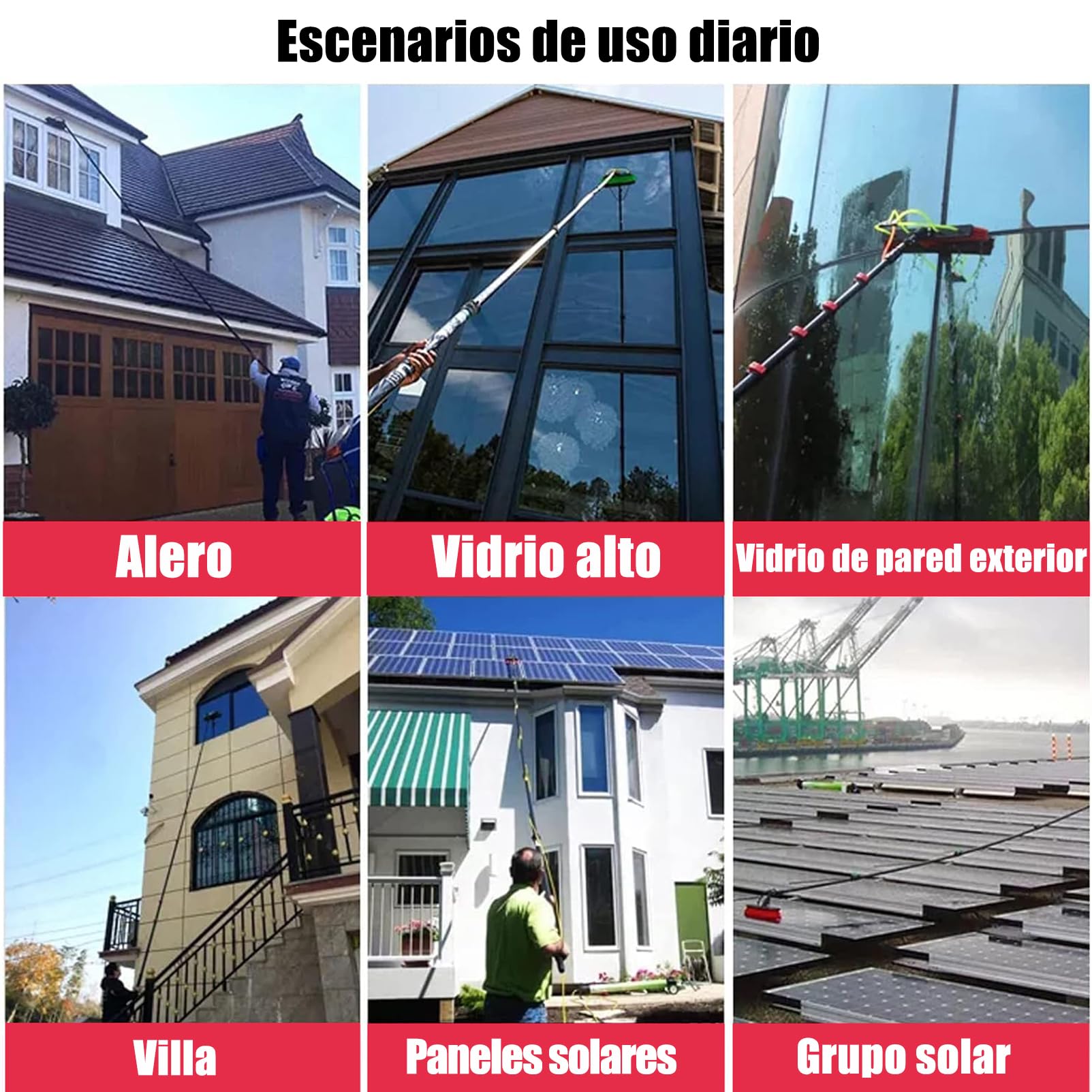 Kit Solar Limpia Cristales Telescópico de 3-15m con Dosificador de Jabón y Cabezal de Cepillo de 35/55cm Herramientas de Limpieza Exterior para Paneles Solares, Ventanas y Cartelerí