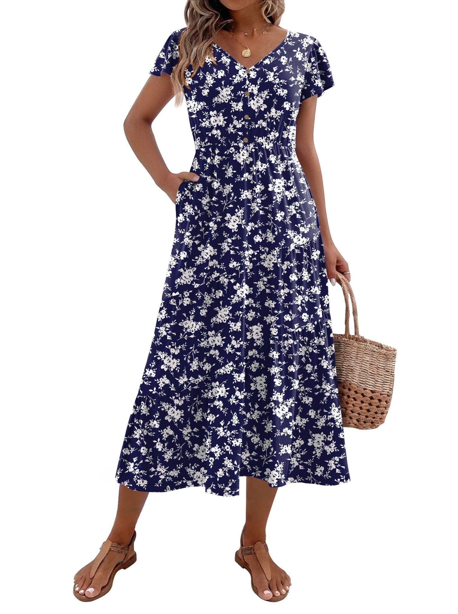 Zeagoo Women's Summer Casual Dress Flutter Short Sleeve V Neck Button Down Tiered Flowy Long Dress with Pockets