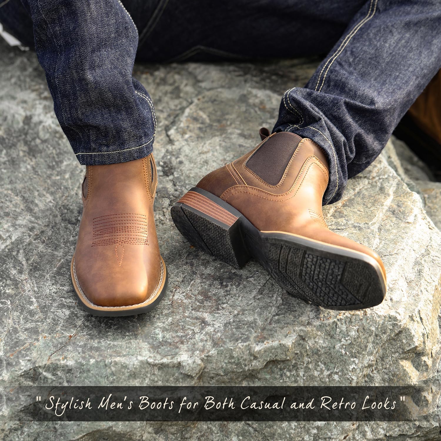 JASONSTAR Western Cowboy Boots for Men - Mens Square Toe Chelsea Boots Ankle Cowboy Boots for Men Casual Retro Stylish Boots - Image 5