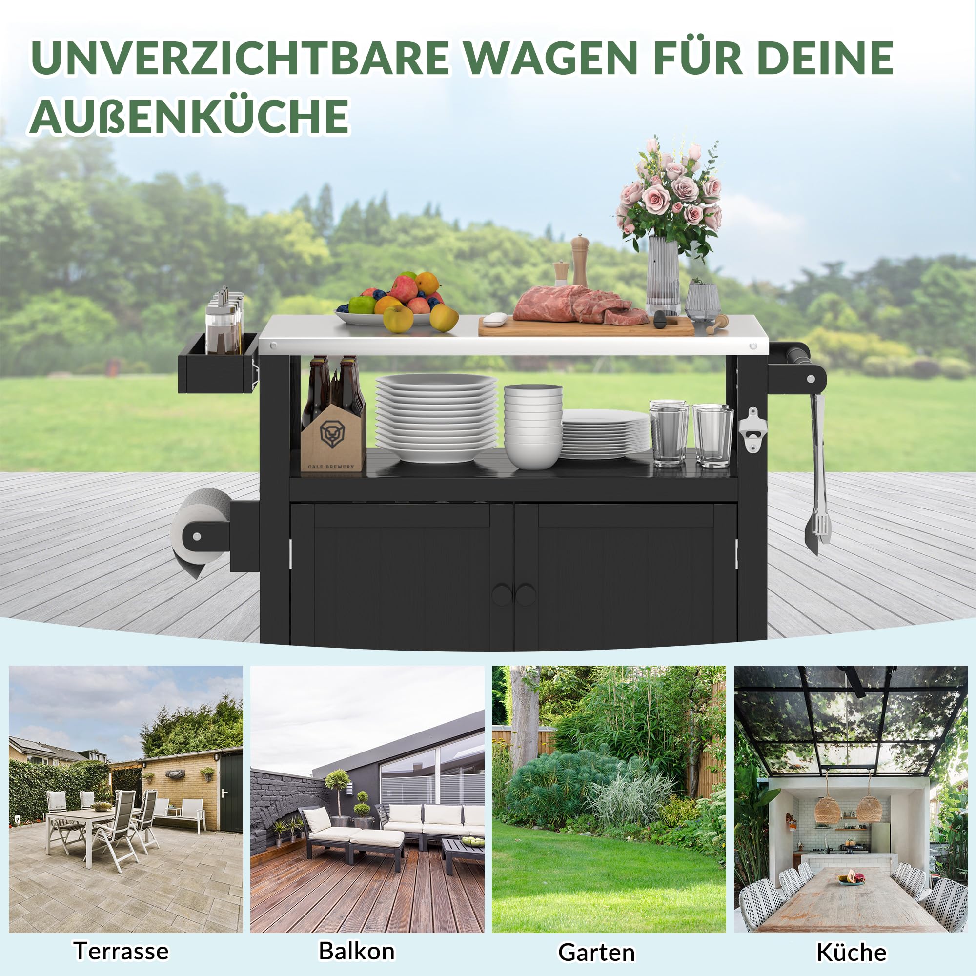 Wetterfeste HIPS Outdoor Kücheninsel mit Edelstahlplatte & Aufbewahrungsschrank, bewegliche Vorbereitungstisch mit Rädern für BBQ-Zubereitung, Outdoor Grillwagen für Parties, Schwarz