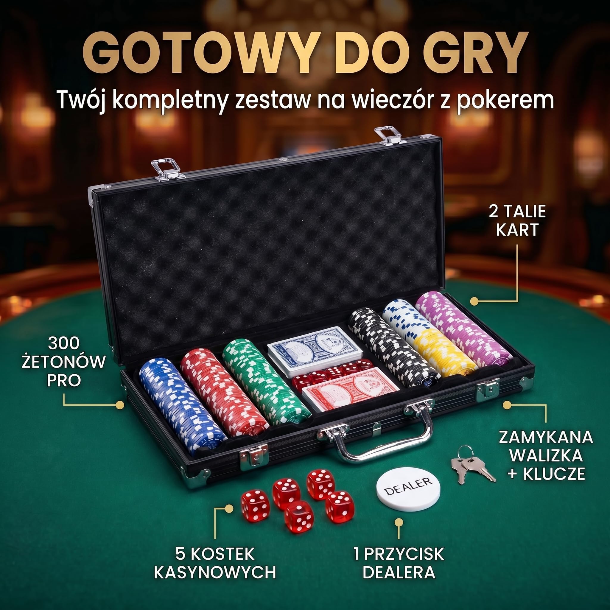 Profesjonalny zestaw do pokera z walizką zawierającą 300-500 żetonów; wysokiej jakości żetony do pokera; talia do pokera, talia kart, karty do pokera, kości, przycisk krupiera (Czarny, 300 żetony)
