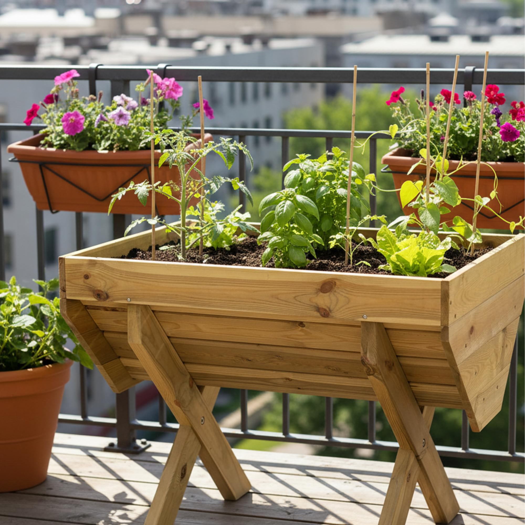 Huerto Urbano Terraza 50 cm de madera FSC – Ergonómico en forma de V – Huerto Elevado con impregnación ecológica – Mesa de Cultivo con lámina y patas de plástico – para verduras y hierbas aromáticas