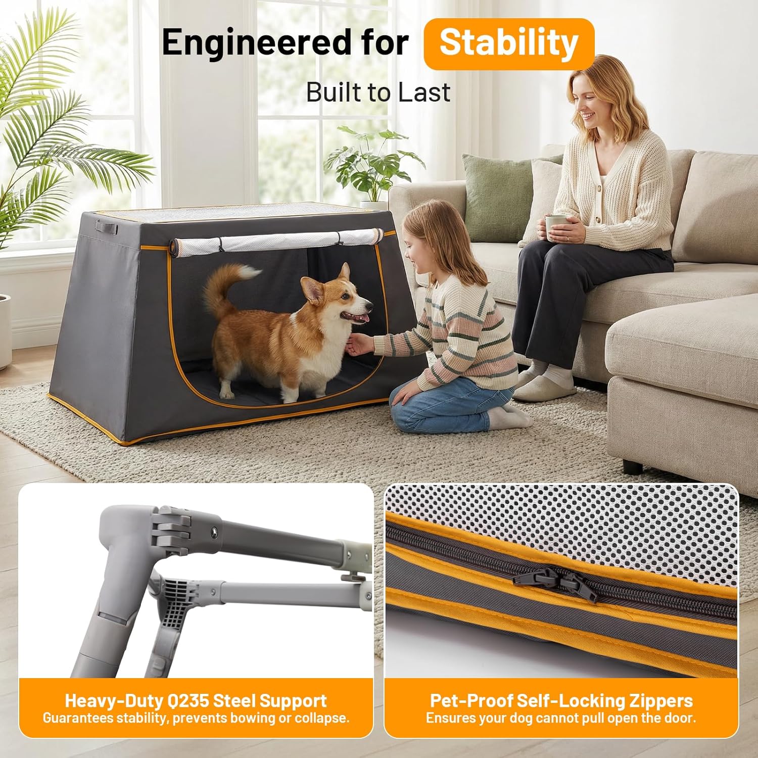 43 Inch Collapsible Travel Dog Crate for Medium Large Dogs, Portable Travel Kennel with Storage Pocket, Mesh Windows for Indoor & Outdoor Travel, 43.3” L x 24 ”W x 16.14 ”H, Dark Grey