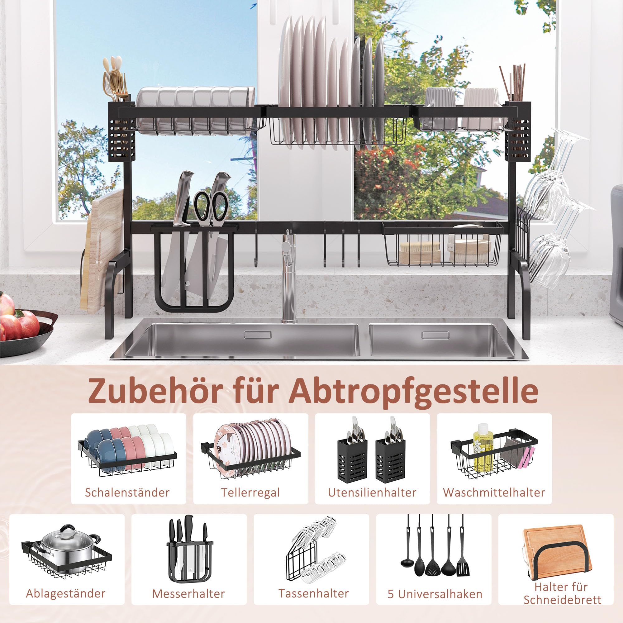 HOMCOM Abtropfgestell Geschirr 2-stufig mit Haken 100 cm Stahl Schwarz | Abtropfständer, Tellerregal, Zubehör, Abtropfgitter Gestell für Küchenspüle