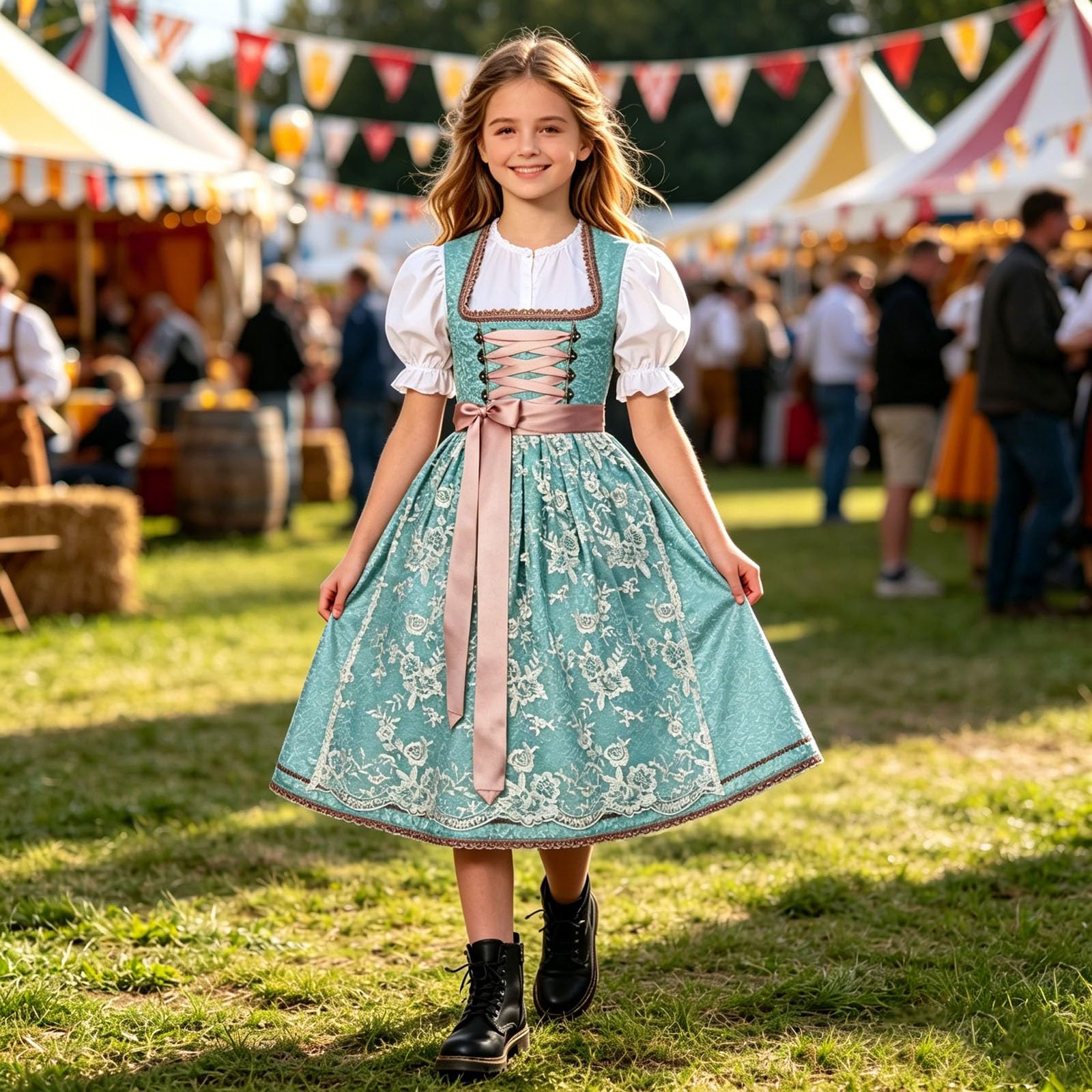 Oktoberfest dziecięcy strój Dirndl, dla dziewcząt, żółty, z bluzką i koronkowym fartuchem, 3-częściowy, moda ludowa, średniowieczna, zestaw ubrań ludowych, sukienka w kwiaty, sukienka dla dziewcząt