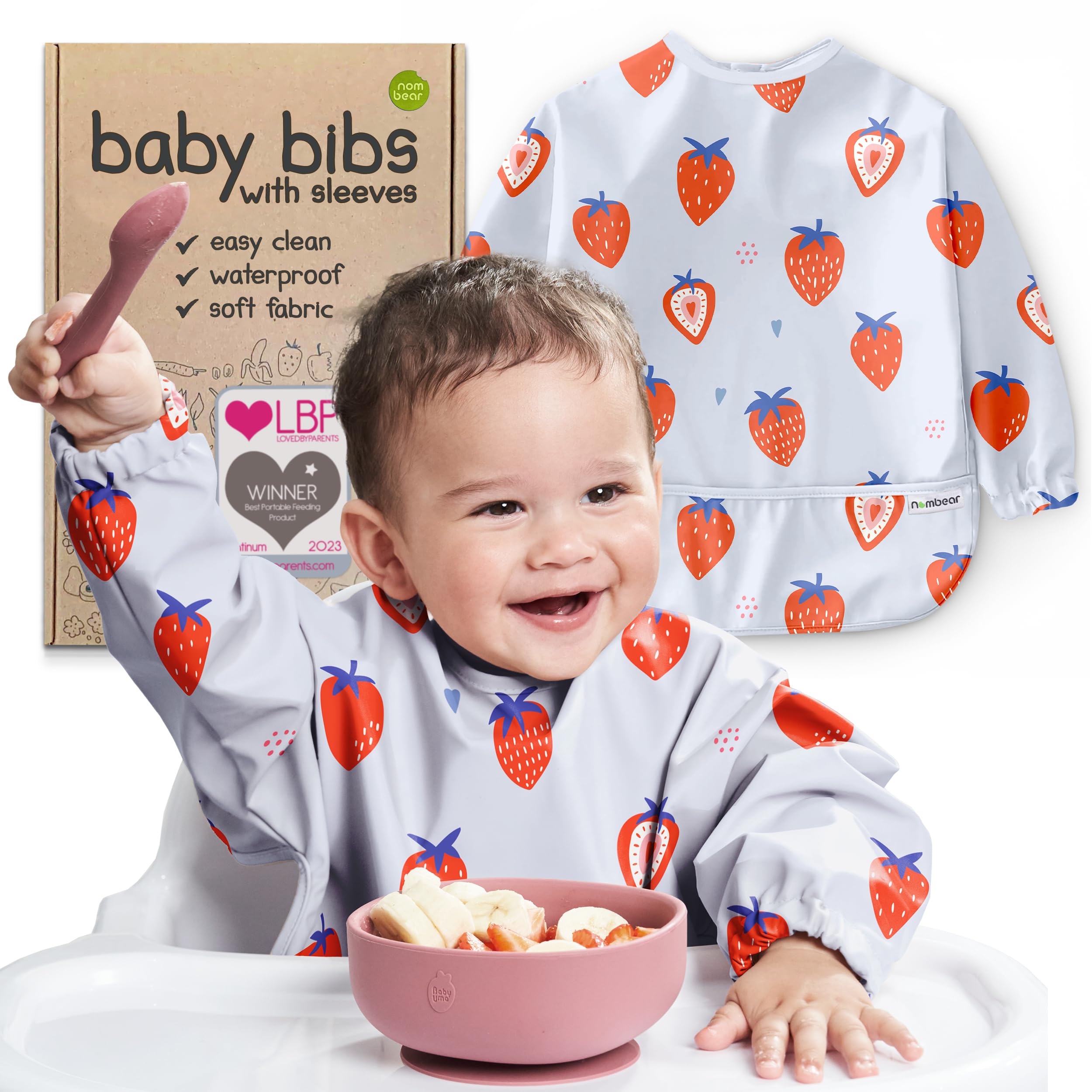Baby Bibs with Sleeves for 6-24 Months - Easy Wipe Clean, Machine Washable Baby Weaning Bib with Sleeves, Waterproof Long Sleeve Bibs, Non Silicone and Coverall Bib