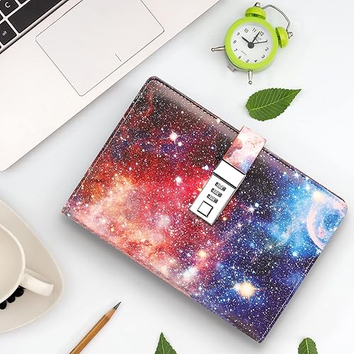 Vista 6 de Diario con candado para mujeres y niñas, suministros escolares, diario Galaxy con cerradura para escribir, cuaderno A5 Secret de cuero recargable