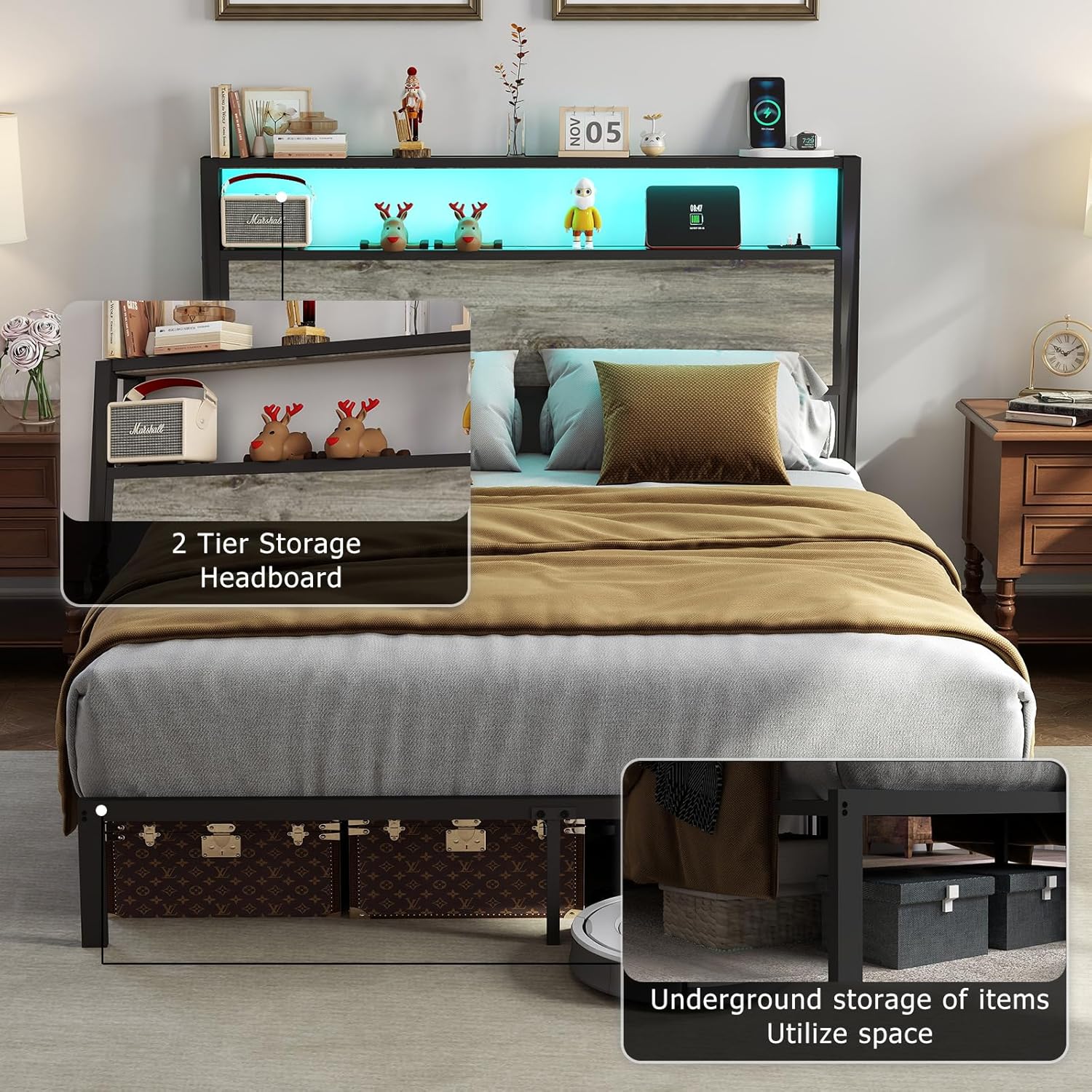 Queen Size Bed Frame with Headboard, Metal Platform Bed Frame with LED Lights & Charging Station, Under Bed Storage, Solid and Stable, No Box Spring Needed, Noise Free, Easy Assembly, Rustic Grey