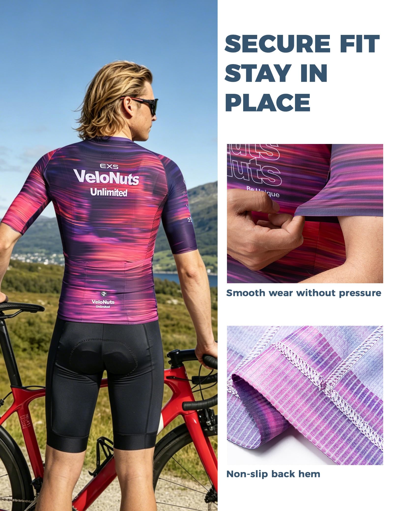 Fahrradtrikot Herren Kurzarm, Schnelltrocknend Atmungsaktiv Radtrikot, Leicht Kurze Passform Rennradtrikot mit 3 Rückentaschen, Reißverschluss für Rennrad und Outdoor, Lila