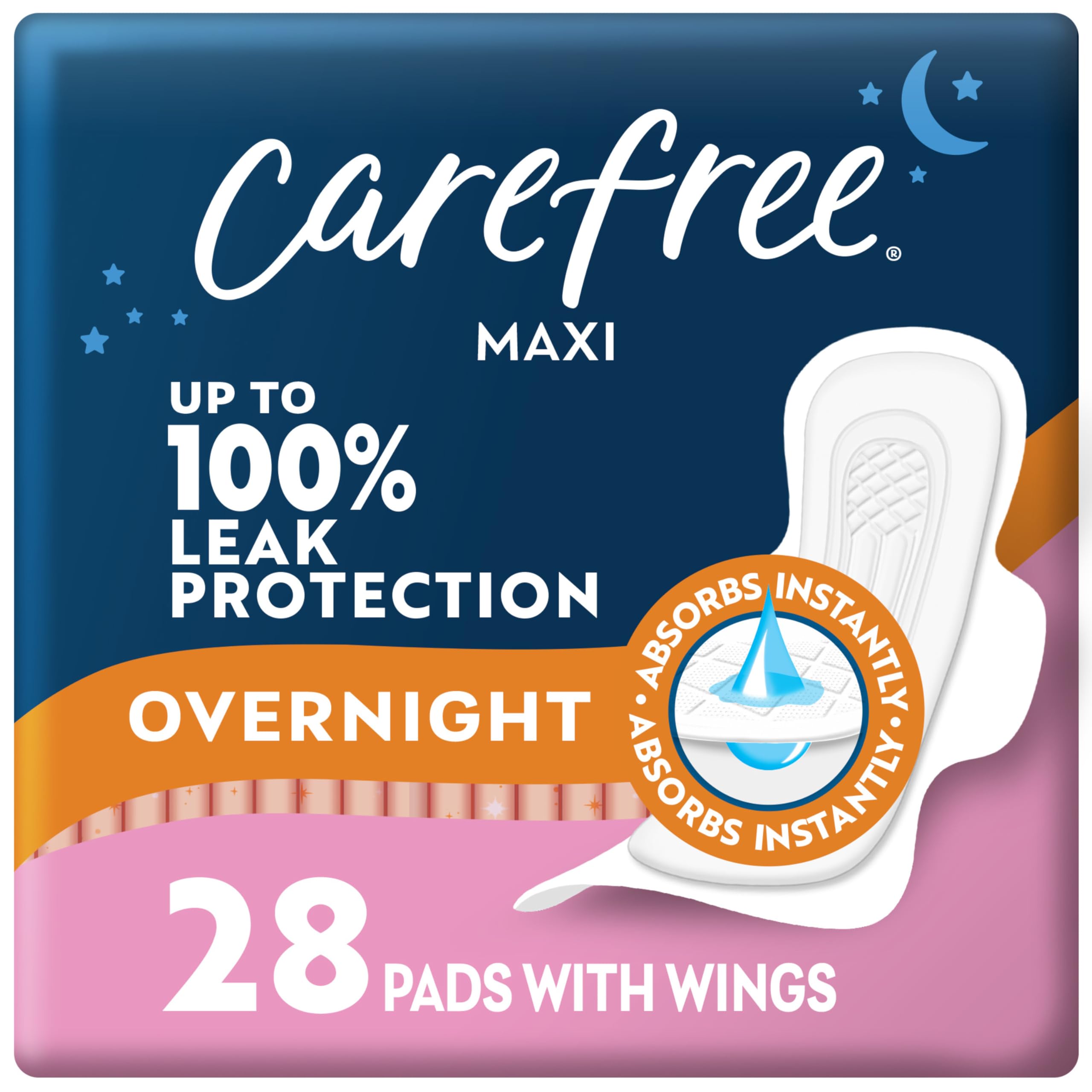 Carefree Maxi Pads for Women, Overnight Pads with Wings, 28ct | Carefree Pads, Feminine Care, Period Pads & Postpartum Pads | 28ct (Pack of 1)