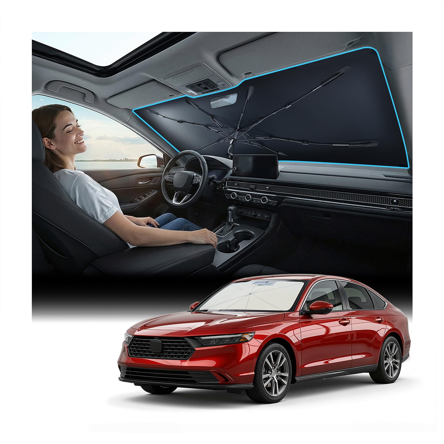 Nmoiss Windshield Sun Shade Umbrella for Honda Accord - [Vinyl Coating Heat Shield] Protect Car from Sun Rays & Heat Damage Keep Cool and Protect Interior, Spring Structure Edge
