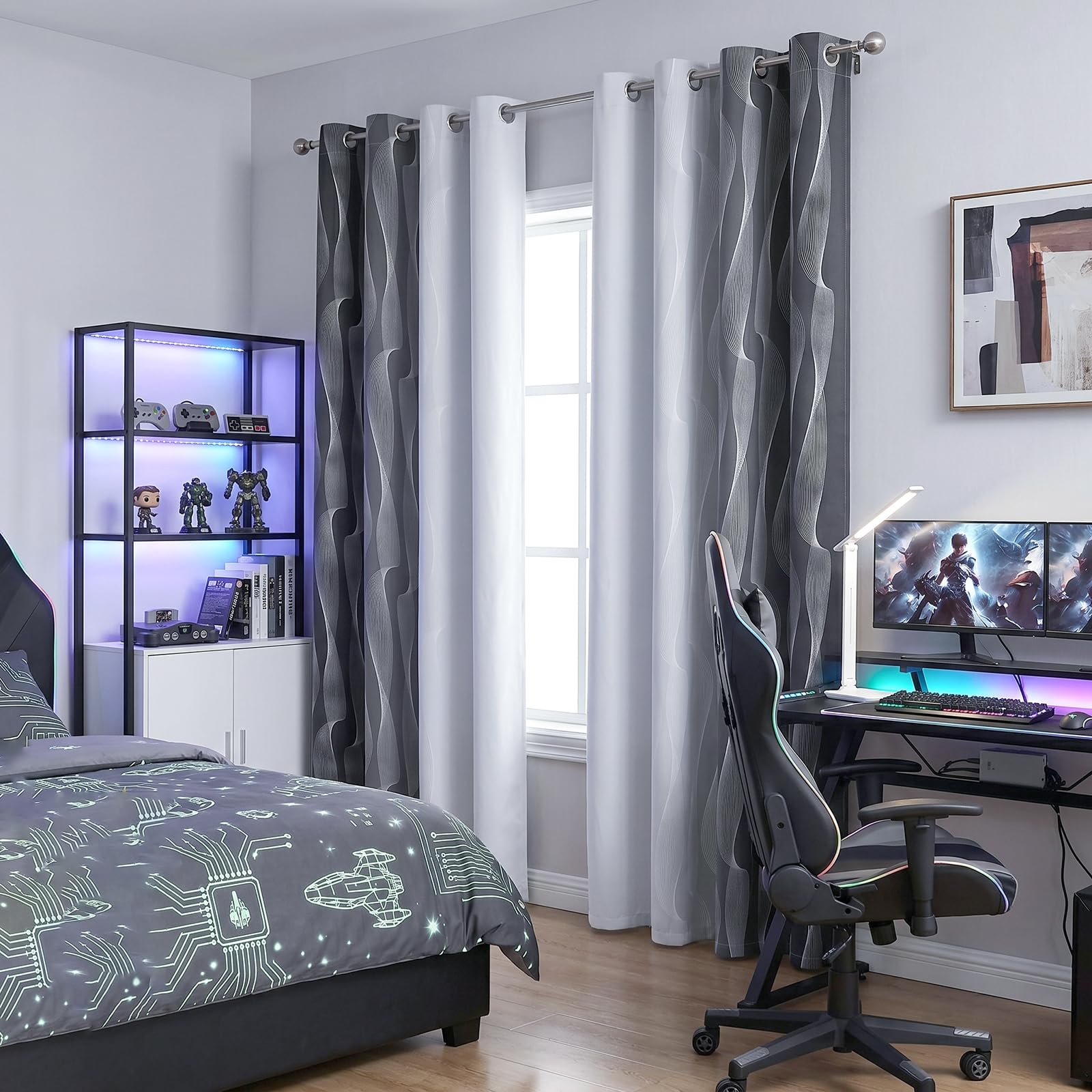 Tende oscuranti ombré grigio sfumato e bianco, H260 x L140 cm, 2 pannelli con occhielli, motivo a onde, oscuramento 80-90%, soggiorno camera ufficio