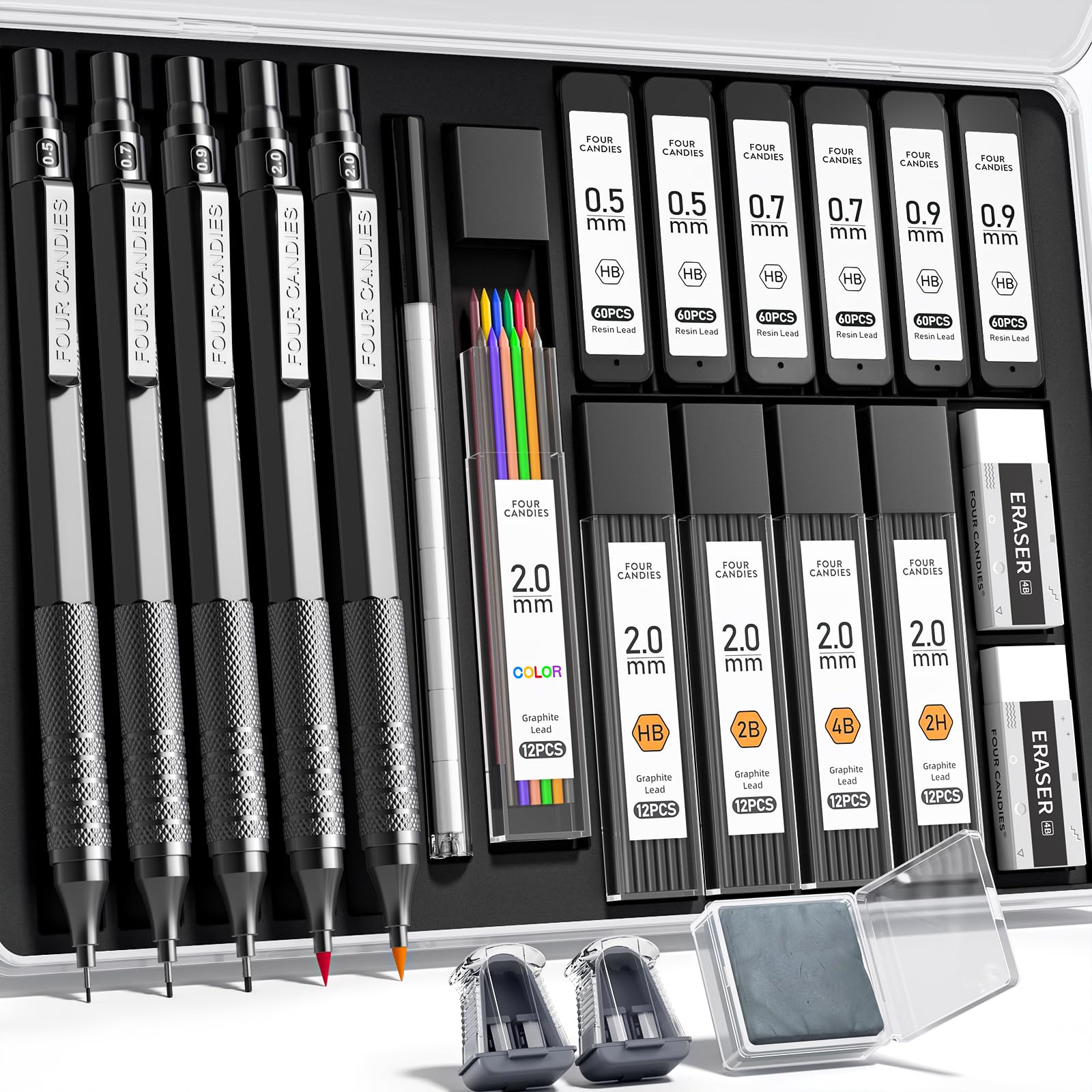 Metal Mechanical Pencil Set, 3PCS Art Drafting Pencils 0.5, 0.7, 0.9MM & 2PCS 2MM Mechanical Drawing Pencils with 420PCS Leads (4B 2B HB 2H Color) for Writing Sketching Drawing (Black)