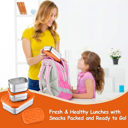 Miniatura 7 de Homikit Juego de 3 cajas de almuerzo para niños, cajas Bento de acero inoxidable 1810 con tapas de silicona a prueba de fugas, 5 tazas reutilizables