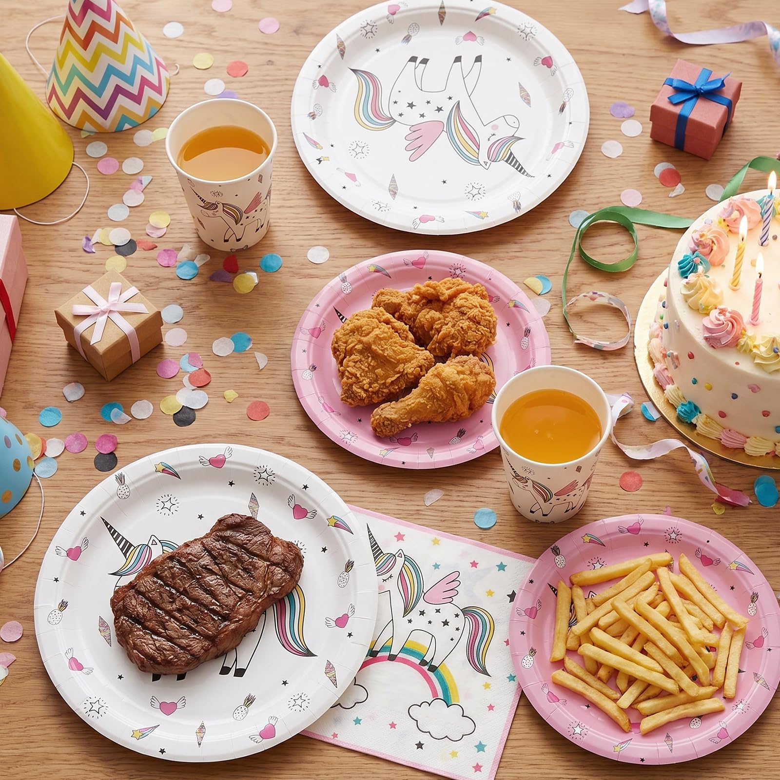 Set di stoviglie con unicorno, accessori arcobaleno, per ragazze, pacchetto con piatti da dessert, tazze, tovaglioli per 24 ospiti (96 pezzi)