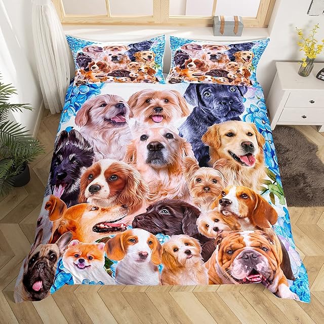 Dog Bedding Set Kids Cute Cartoon Dogs Duvet Cover for Boys Girls Pet Puppy Animal Lovely Bed Cover Pug Bulldog Collage Pattern Bedspread Cover Bedroom Collection 2Pcs Single Size