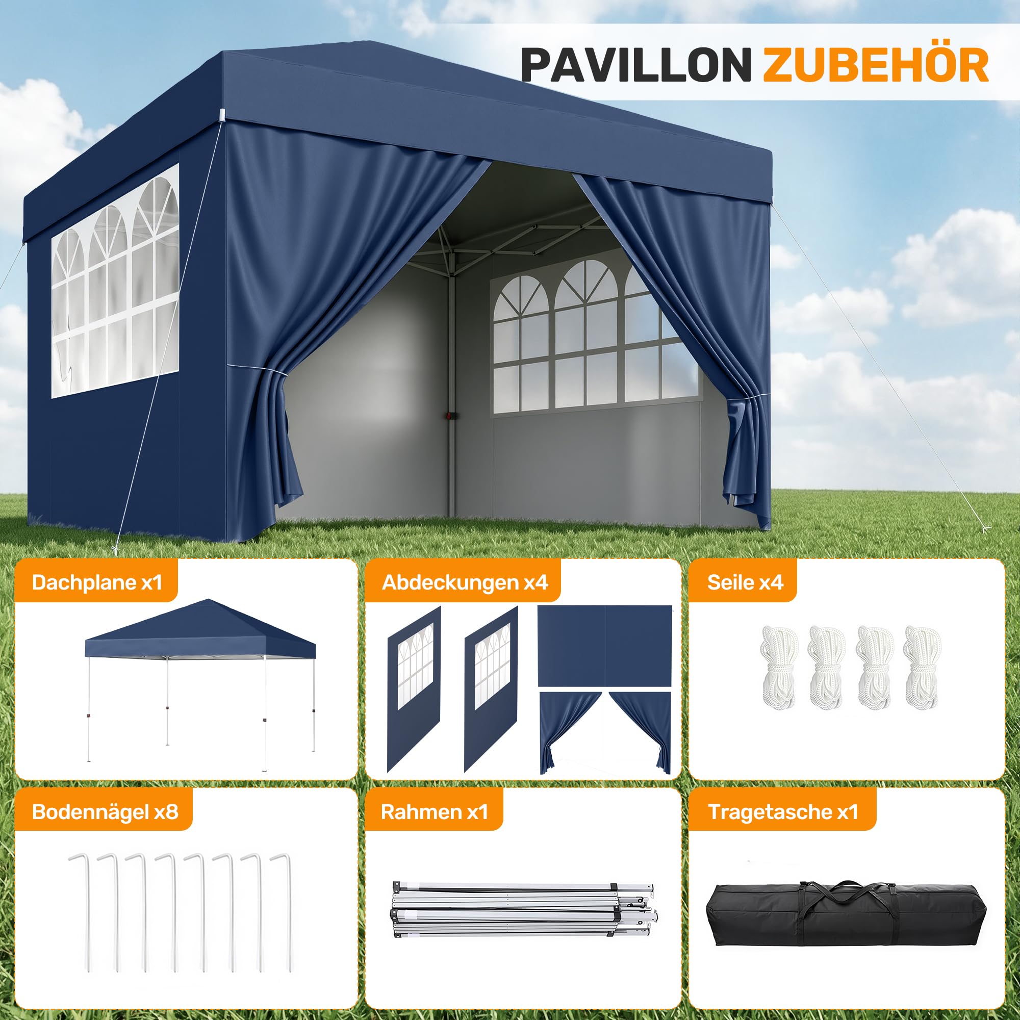 Hawthyhome Pavillon 3x3 Wasserdicht Stabil Winterfest, Faltpavillon 3x3 mit 4 Seitenteilen, Pop Up Pavillon UV Schutz 50+, Höhenverstellbar Partyzelt Gartenpavillon Für Outdoor, Blau Mit Seitenwänden