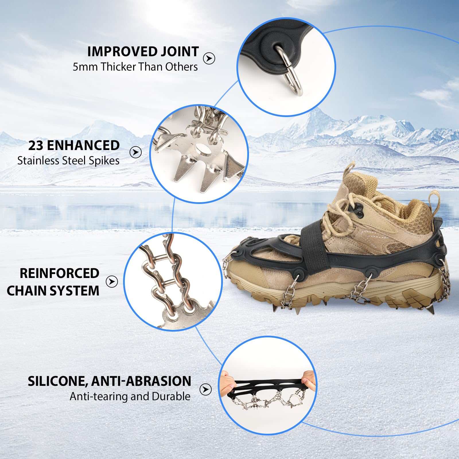 Steigeisen für Wanderschuhe, Schnee, Griffe, Schneespikes, Grödel Eisspikes mit 23 Edelstahl Zähne Verdickte Schuhkrallen, Schuhkrallen für Gehen, Joggen, Angeln, Wandern
