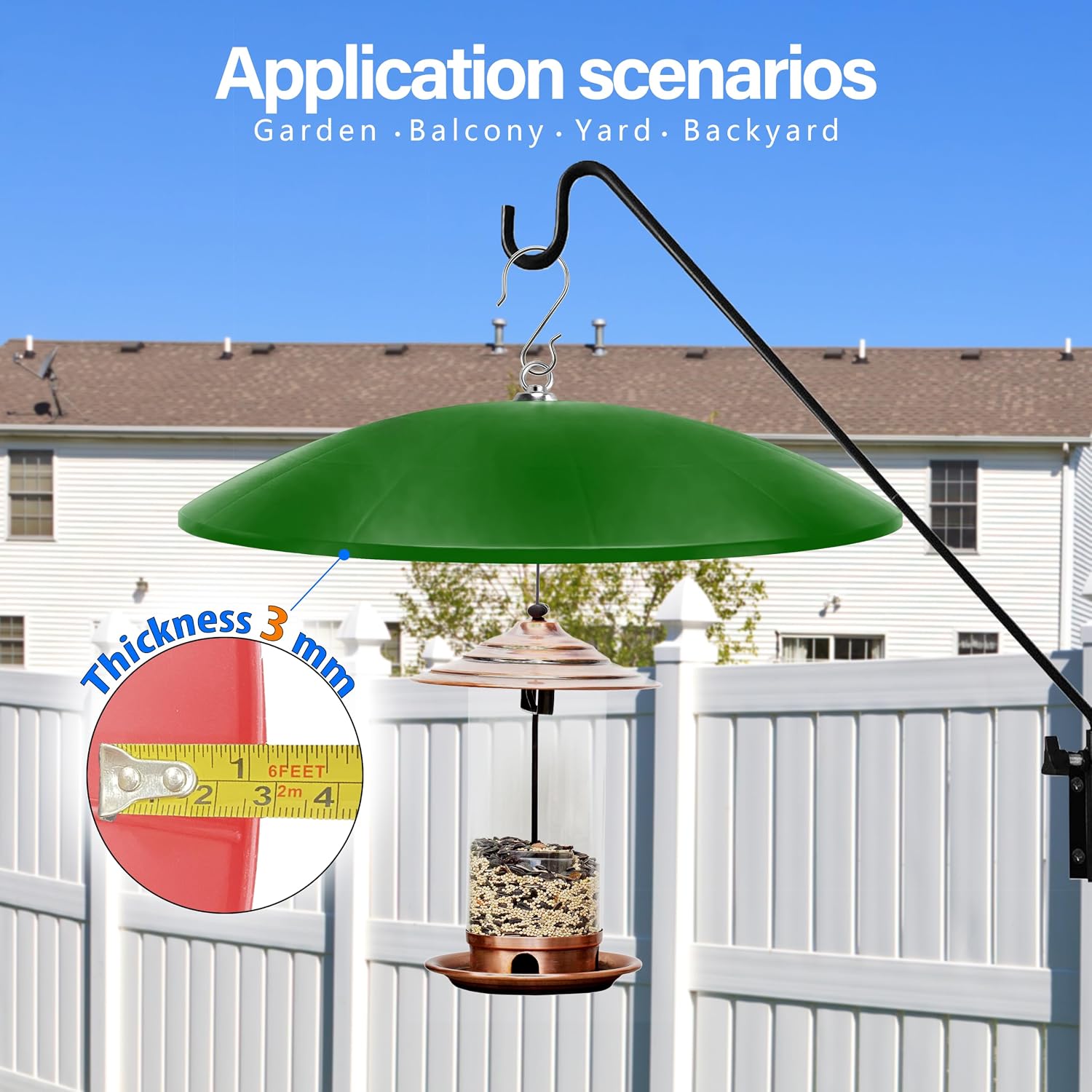 19.25-Inch Extra Large Squirrel Baffle,Hummingbird Feeder Shade Dome Cover, Bird Feeder Rain Guard, Hanging Squirrel Proof for Shepherd's Hook Outdoors (Green) 2 Pack image 3