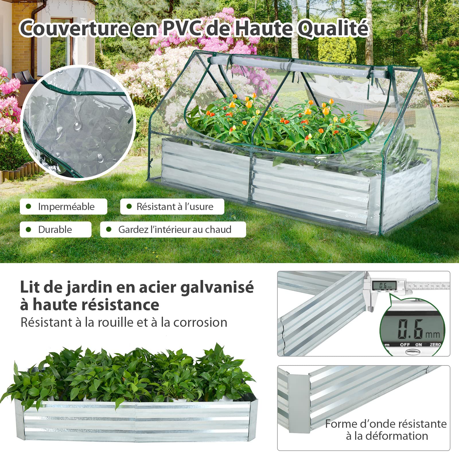 GOPLUS Jardinera elevada de Acero galvanizado con Cubierta de Mini Invernadero, Conjunto de Caja de Plantas al Aire Libre de Metal con Grandes Ventanas de Malla de Alambre