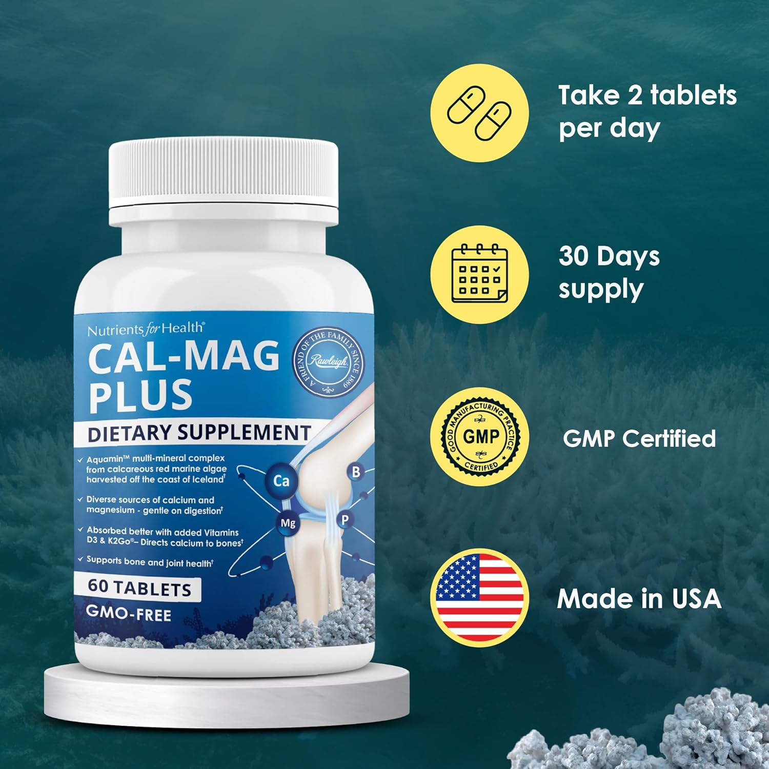Rawleigh Cal-Mag Plus: 60 Tablets, 600mg Calcium, 250mg Magnesium, Aquamin, Vitamin D3 & K2, Boron, Phosphorus, 7 Forms of Calcium & 5 Forms of Magnesium, High Absorption Bone & Joint Support GMO Free