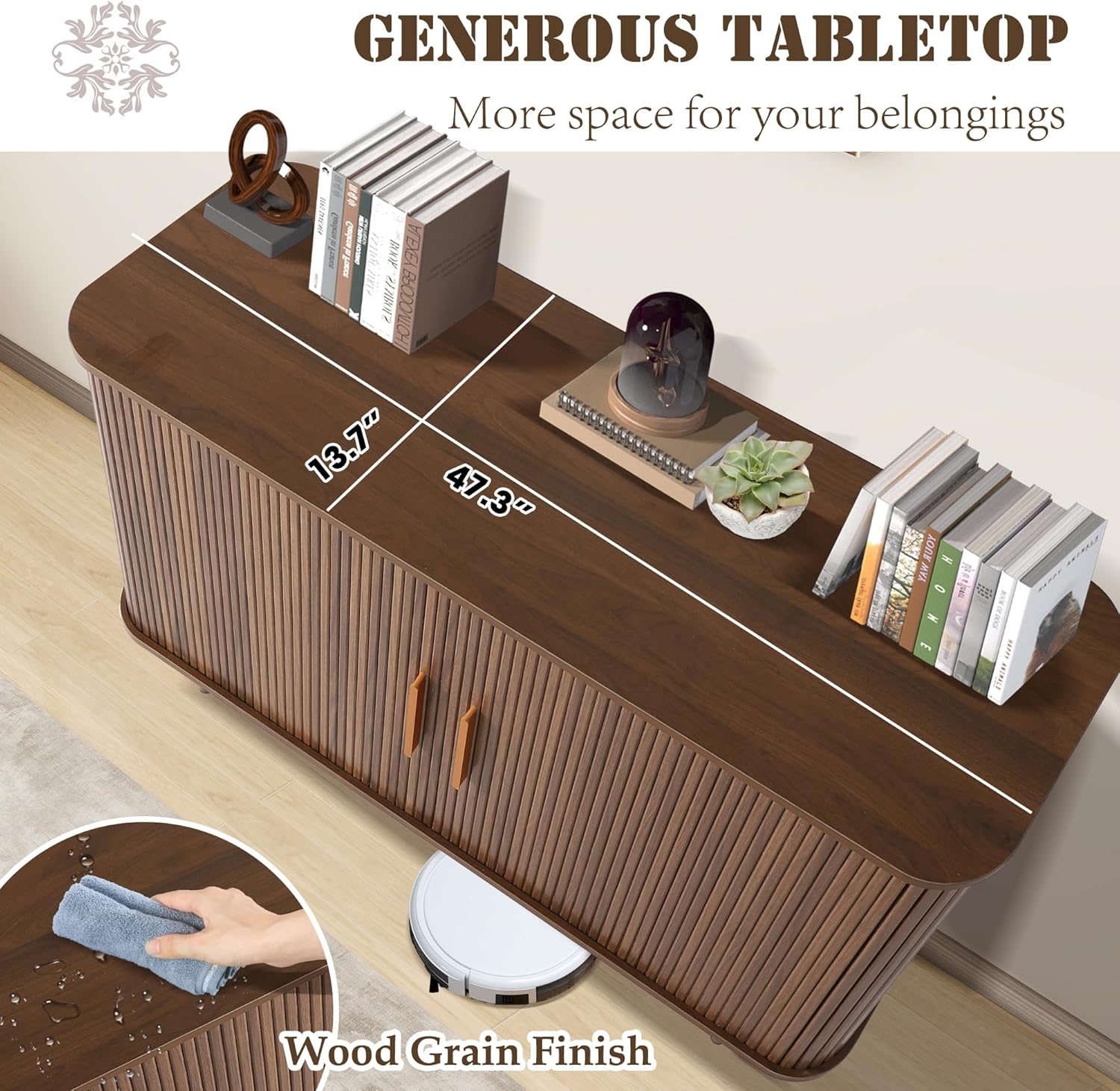 47" Fluted Buffet Cabinet with Tambour Sliding Doors, Modern Sideboard Buffer Cabinets with Storage & Adjustable Shelves, Mid Century Credenza Accent Cabinet for Living Room Entryway (Brown)