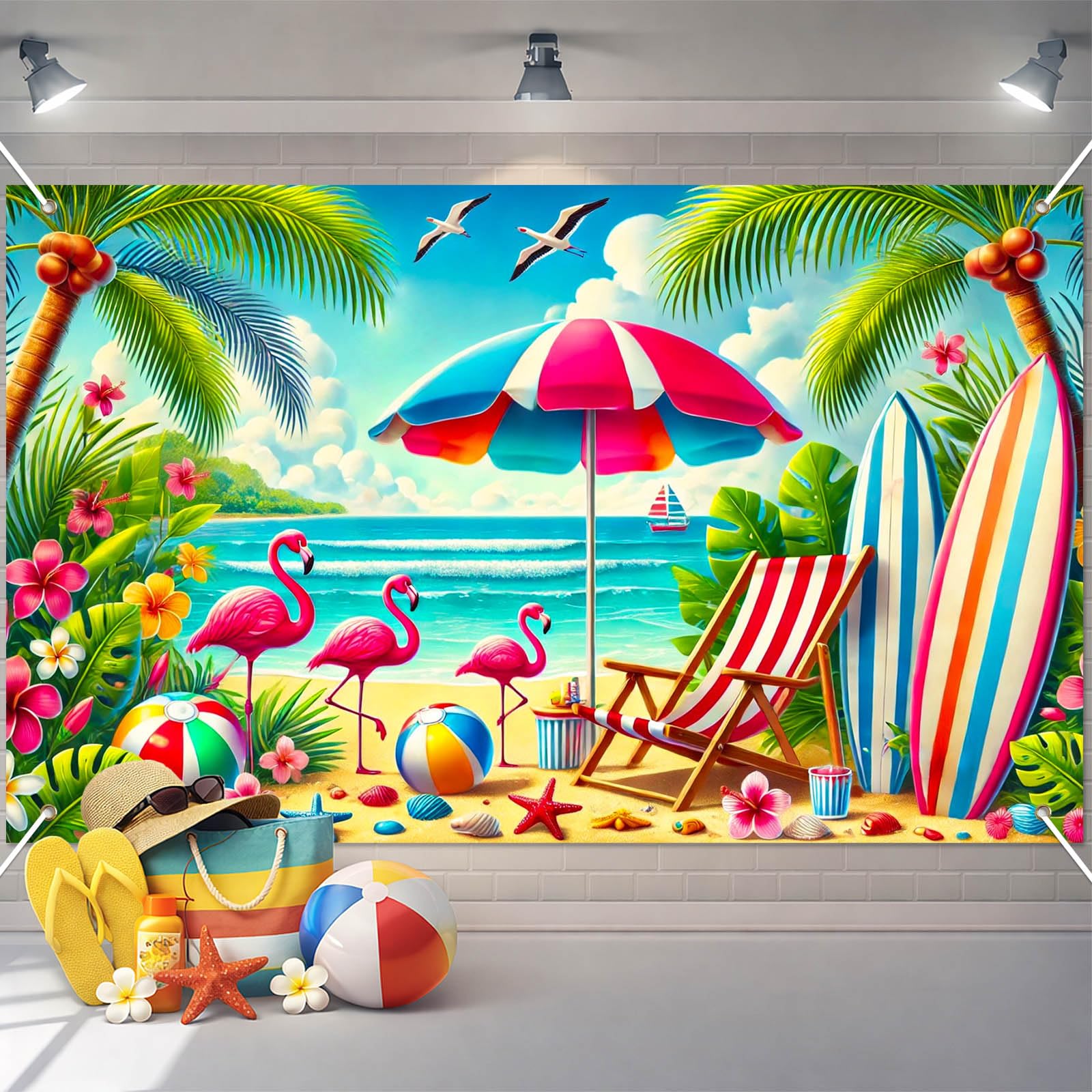 BlissYard Hello Summer Beach Banner Summer Hawaiian Backdrop Banner 71 x 43 inch Blue Sea Sky Hawaii Sunshine Flamingo Volleyball Seasonal Party