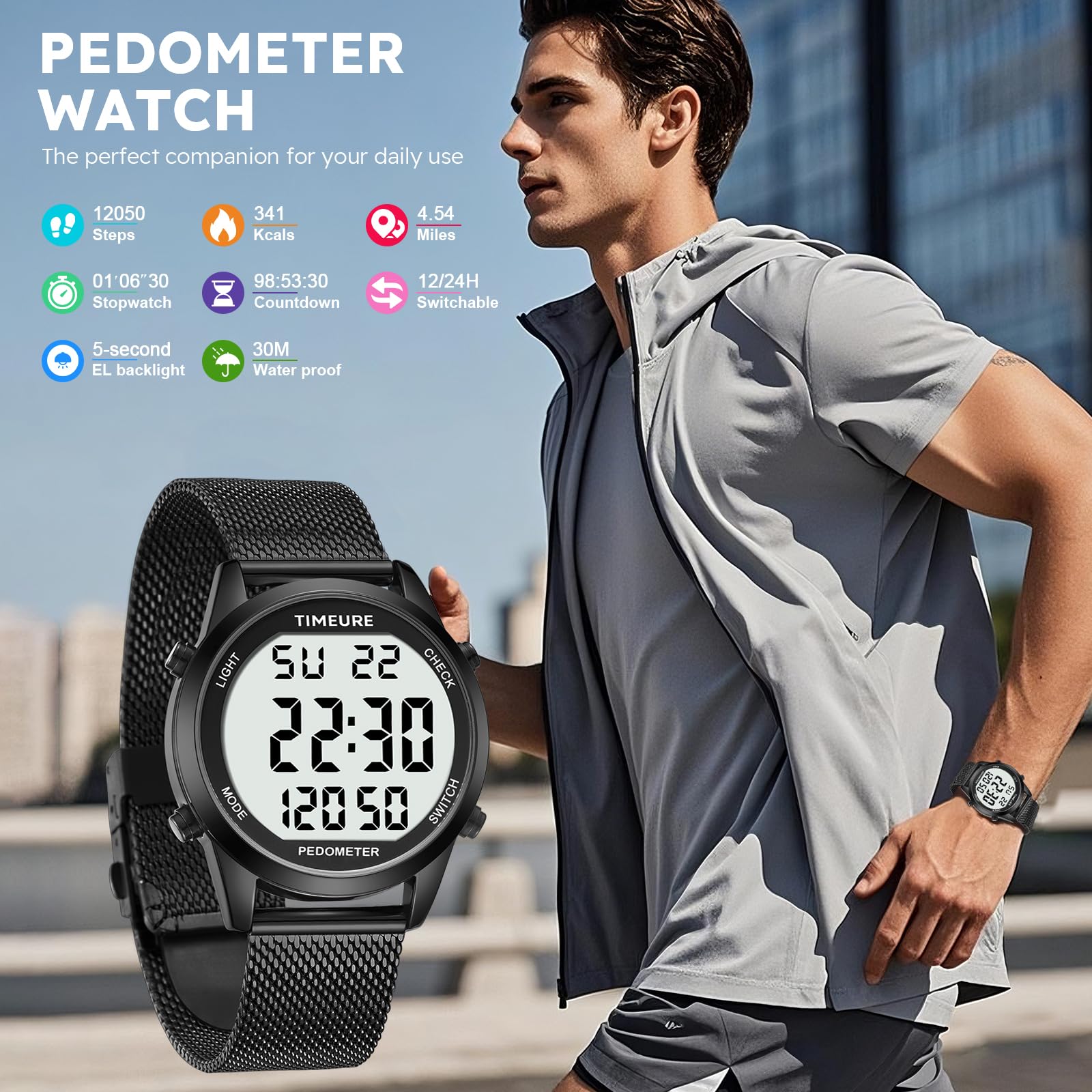 TIMEURE Men's Pedometer Watch with Stainless Steel Bracelet, Step Counter Watch, No App, No Charging Needed for Outdoor Walking, Calorie, Distance, Alarm, Countdown Timer TU-2306B