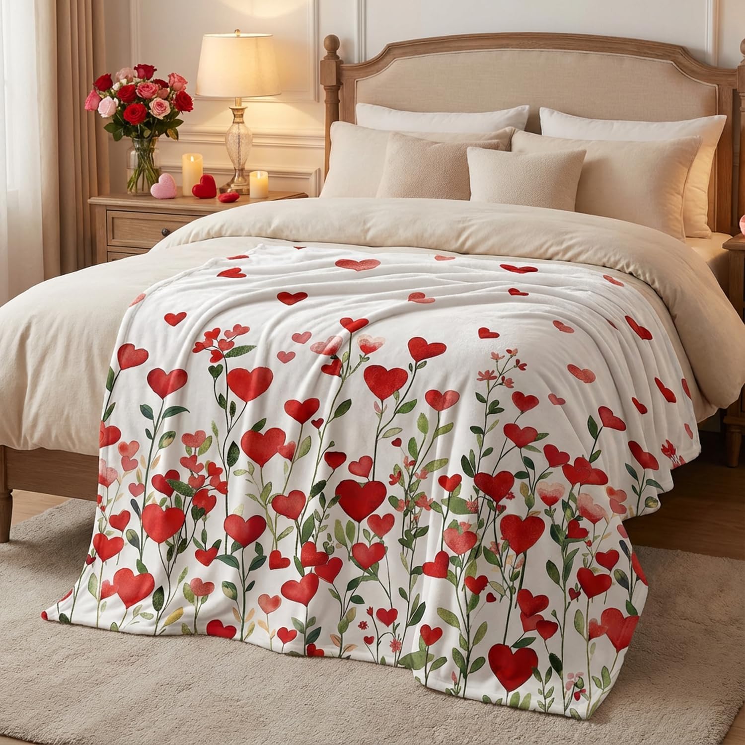 Horaldaily Valentine Flannel Blanket Throw, Floral Love Hearts Soft Fuzzy Plush Cozy Fleece Blankets for Couch Sofa Bed Lounging, Ideal Gifts for Kids Adults Wife Self, 60x80