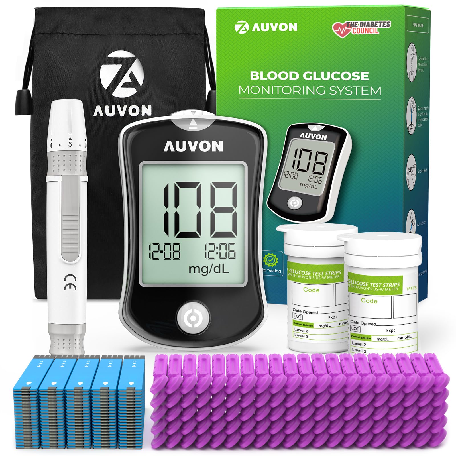 Blood Glucose Monitor Kit for Accurate Test, Diabetes Testing Kit with 100 Glucometer Strips, 100 30G Lancets and Lancing Devices, DS-W Portable Sugar Test Kit, No Coding