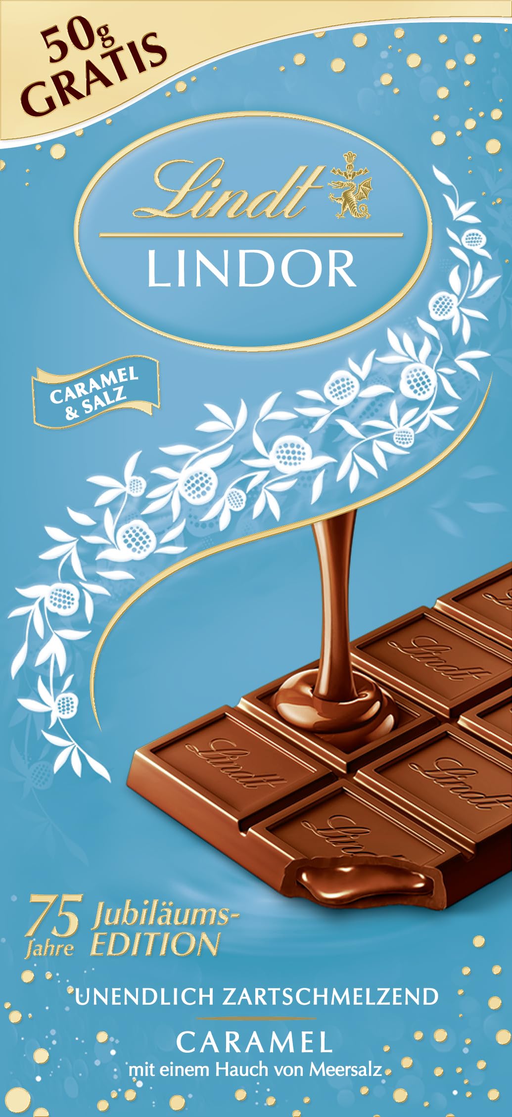 Lindt Schokolade LINDOR Caramel & Salz | 150g Tafel | Vollmilch-Schokolade mit einem Hauch Fleur de Sel und zartschmelzender Karamell-Füllung | Schokoladentafel | LINDOR 75 Jahre Jubiläums Edition