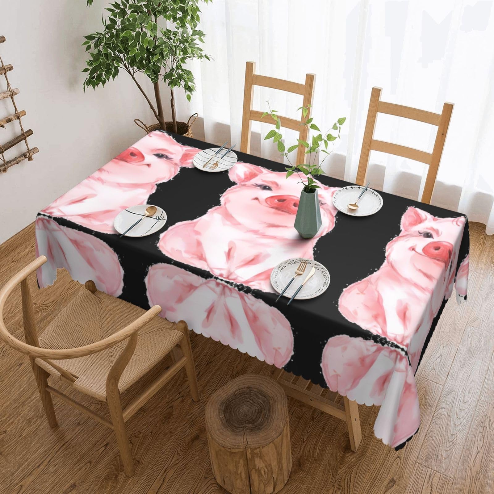 QAZWZML Lovely Pink Pig Printed tablecloth, made of thick polyester with lace trim, suitable for dining rooms, picnics, and weddings
